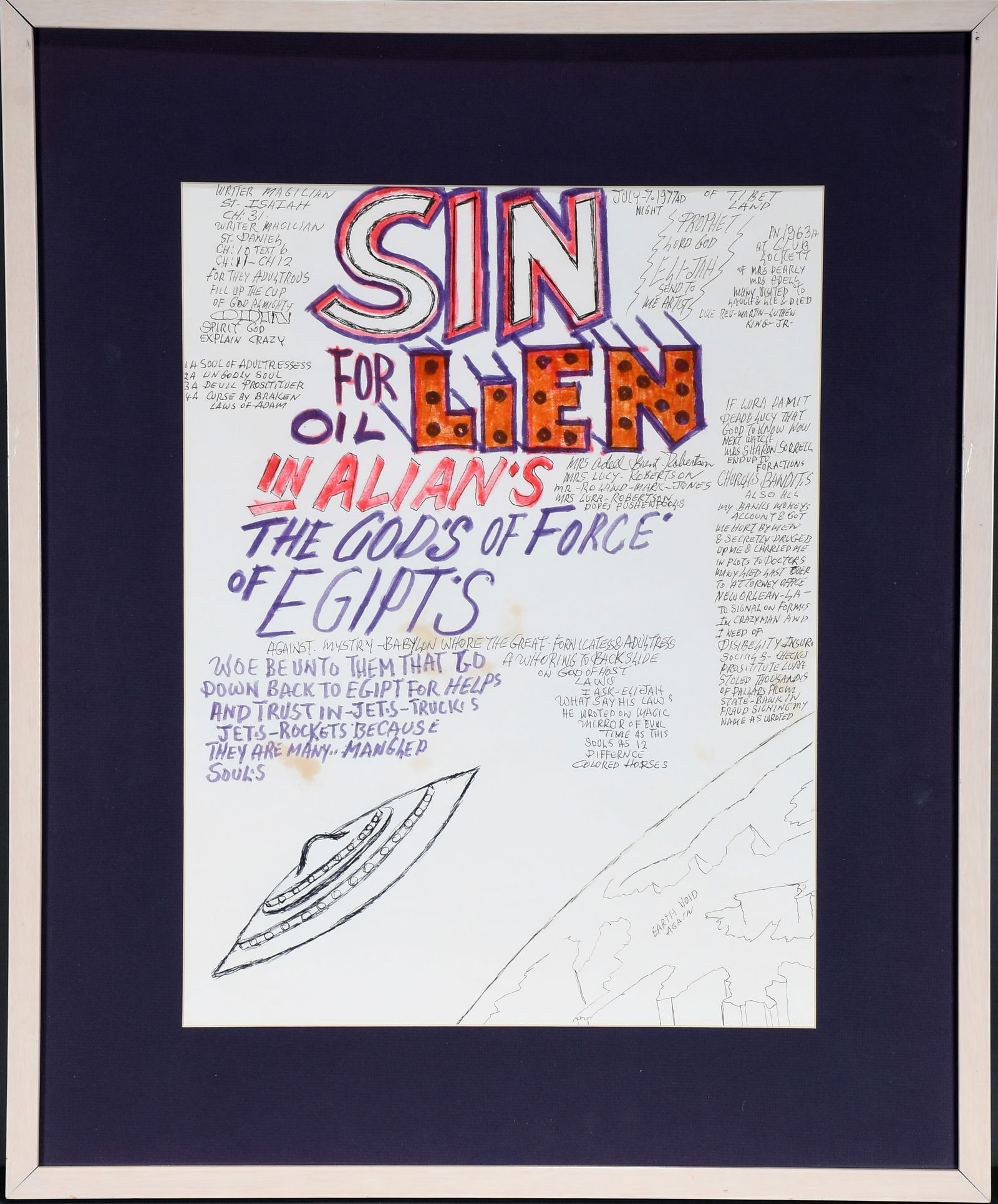 Prophet Royal Robertson. Sin for Lien.: Prophet Royal Robertson. Sin for Lien. c. late 70's. Titled. Marker and ink on poster. Slight fading and toning of paper, otherwise excellent condition. Image is 15" w x 20" h. Frame is 23" w x 28"