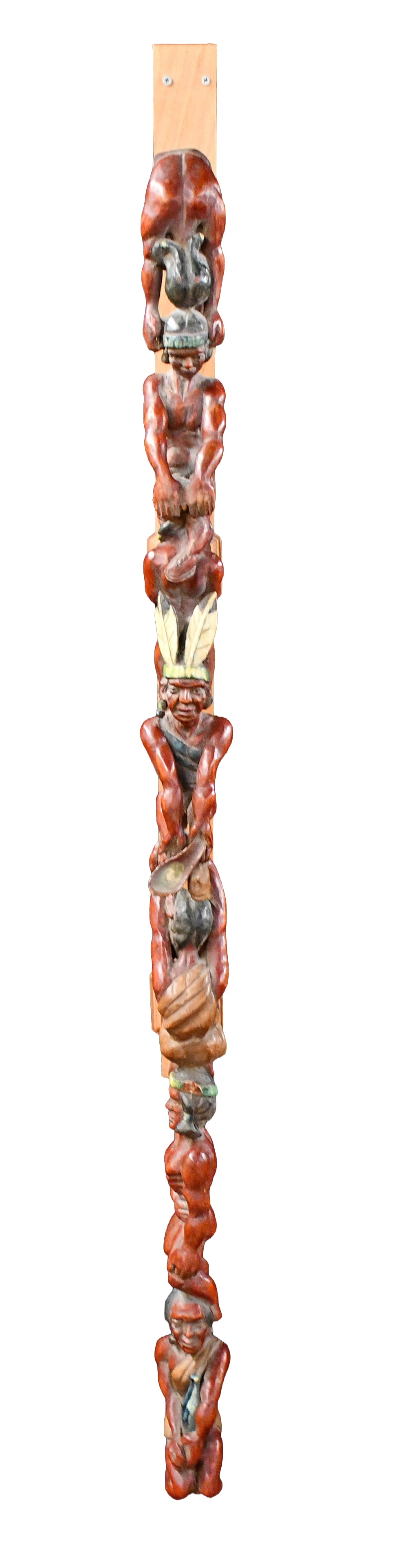 Rodolf Fontaine. Seven Indians Totem.: Rodolf Fontaine. Seven Indians Totem. Not signed. Carved and painted wood. Minor loss and repair to bottom figure, otherwise good condition. 50" h. Est. $400-600. Ship: $200 Please Read Before You