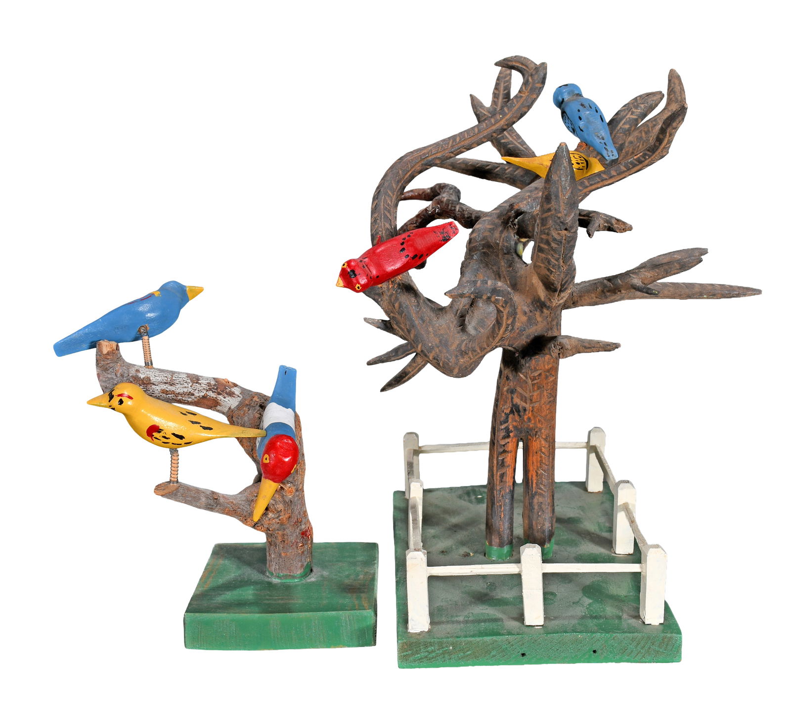 Miles Carpenter. Pair of Trees with Bird.: Miles Carpenter. Pair of Trees with Bird. 1974. Signed and dated. Carved and painted wood with metal springs. Excellent condition. Largest is 12" h x 8" w x 9" d. Est. $300-500. Ship: $100 Please Read