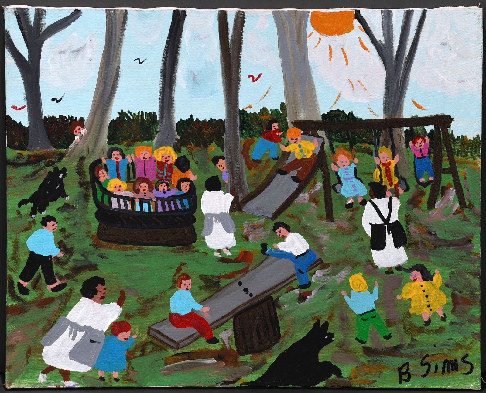 Bernice Sims. Playground.: Bernice Sims. Playground. Signed. Oil on canvas. Excellent condition. 20" x 16". Estimate $300-500. Ship: $45 Please Read Before You Bid: By registering for and/or placing a bid in any Slotin
