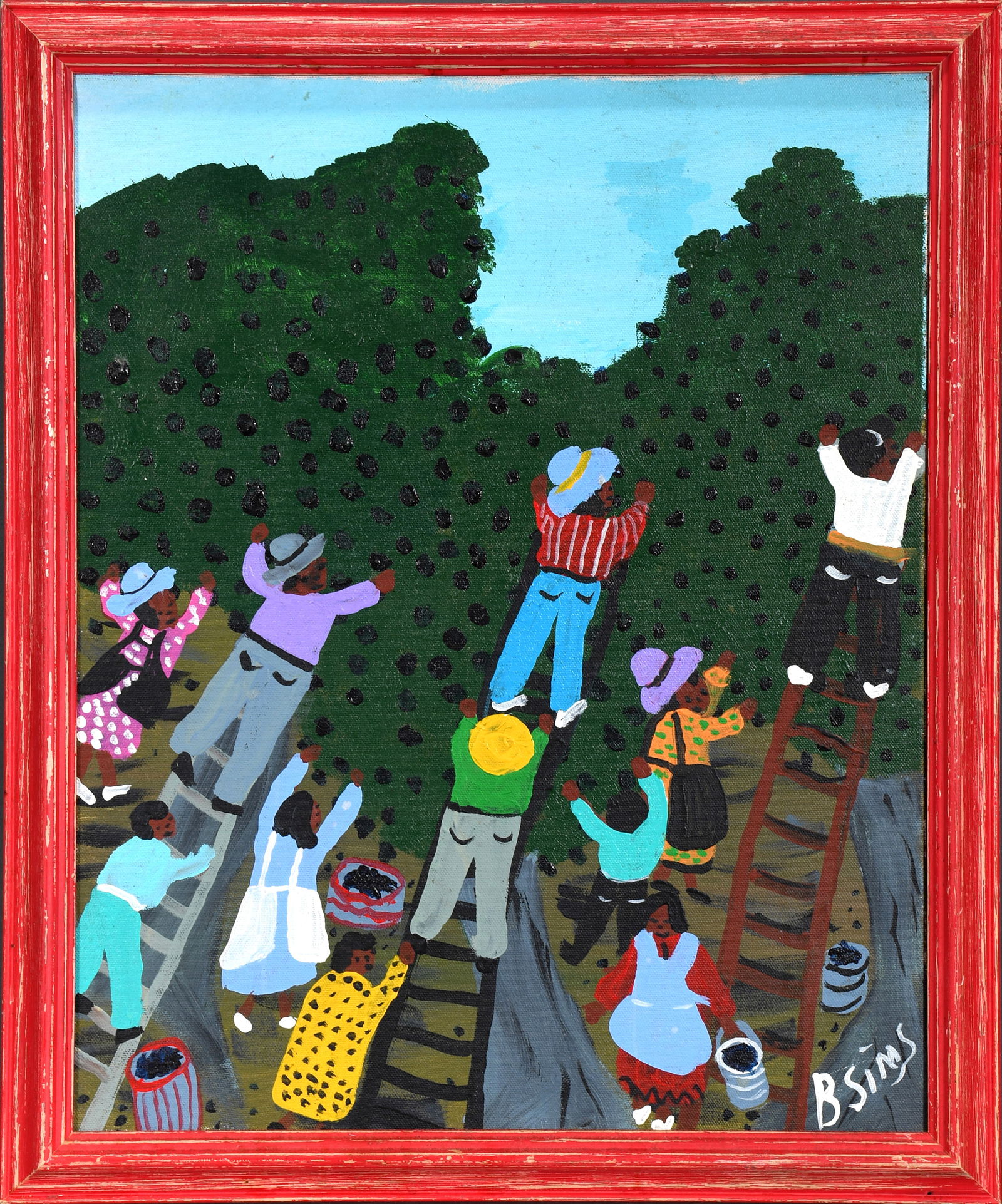 Bernice Sims. Picking Blueberries.: Bernice Sims. Picking Blueberries. Signed. Paint on canvas. Excellent condition. 18.5" w x 22" h. Est. $300-500. Ship: $55 Please Read Before You Bid: By registering for and/or placing a bid in