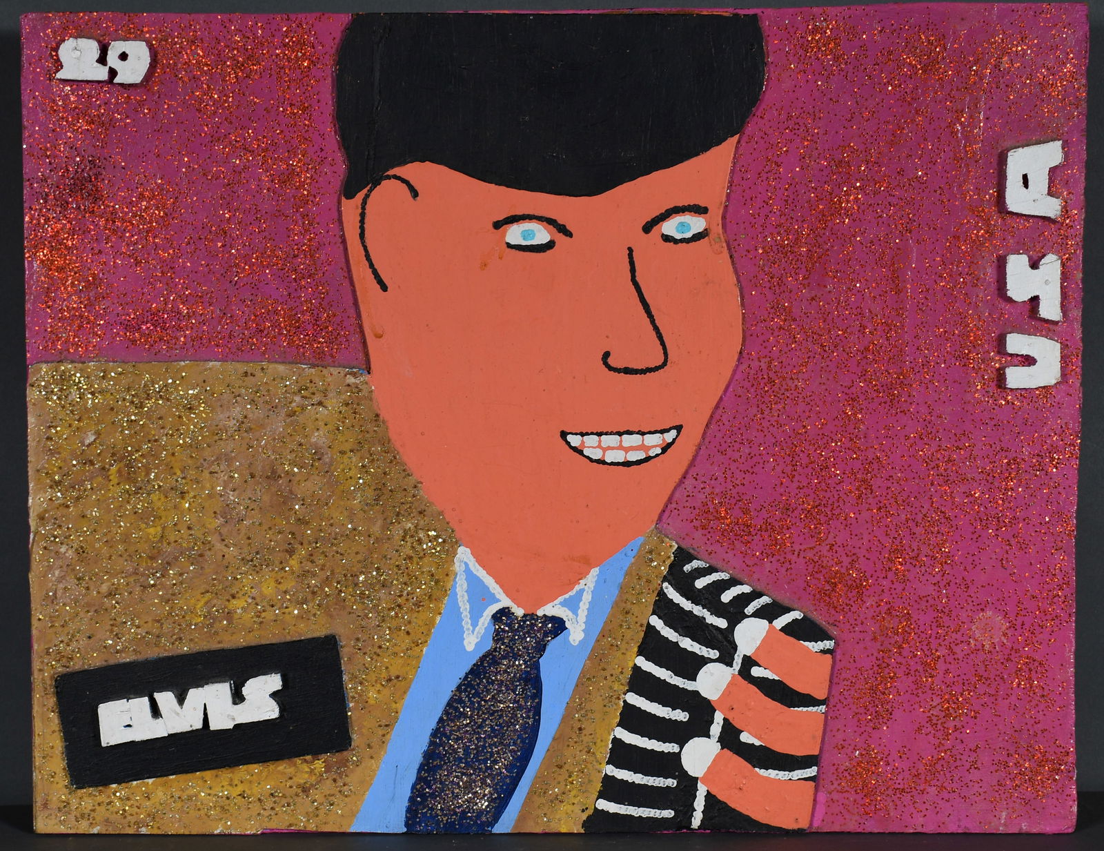 James Harold Jennings. Elvis.: James Harold Jennings. Elvis. Signed and titled. Paint and glitter on board. Excellent condition. 19" w x 15" h. Est. $400-600. Ship: $55 Please Read Before You Bid: By registering for and/or