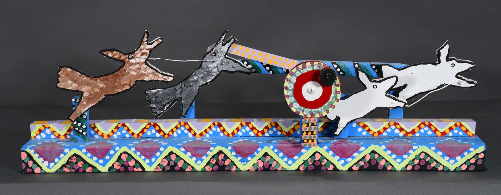 James Harold Jennings. Hounds Chasing Rabbits Kinetic Sculpture.: James Harold Jennings. Hounds Chasing Rabbits Kinetic Sculpture. Signed. Paint on cutout board with mixed media. Excellent condition. 24" w x 6" h. Est. $100-200. Ship: $65 Please Read Before You Bid: