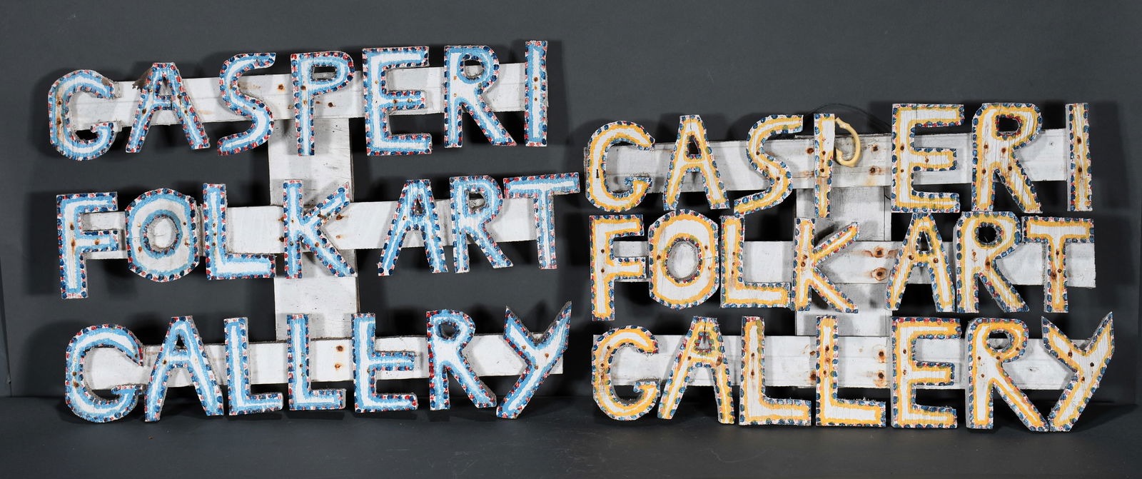 James Harold Jennings. Gasperi Folk Art Gallery Signs.: James Harold Jennings. Gasperi Folk Art Gallery Signs. Not signed. Paint on cut wood attached to board. One make-do repair, otherwise great condition. Average size is 23" w x 15" h. Provenance: The