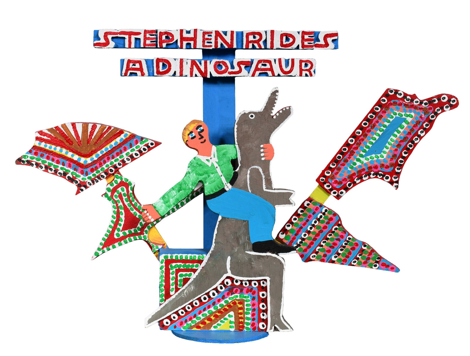 James Harold Jennings. Stephen Rides A Dinosaur.: James Harold Jennings. Stephen Rides A Dinosaur. Signed. Carved and painted assembled wood. Excellent condition. 21" w x 14" h . Est. $300-500. Ship: $65 Please Read Before You Bid: By registering
