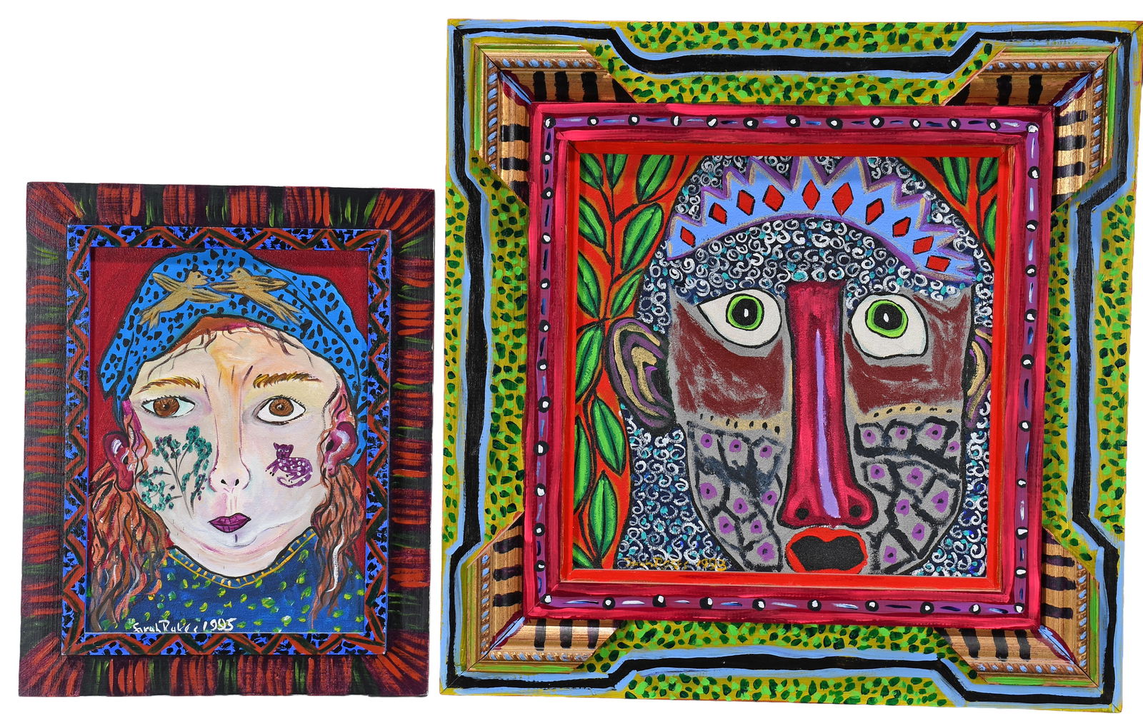 Sarah Rakes. Garden Saint With A Crown and Singing For Supper.: Sarah Rakes. Garden Saint With A Crown and Singing For Supper. Pair of Works. 1993 and 1995. Signed, dated and titled. Oil on canvas with artist decorated frames. Largest is 24" w x 24" h. Est.