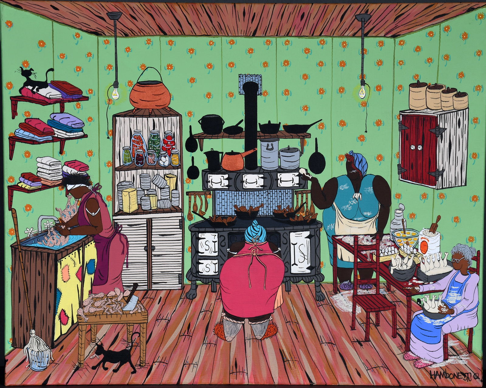 Hambone. Miss Suzy's Fried Chicken.: Hambone. Miss Suzy's Fried Chicken. 2005. Signed, dated and titled. Oil on canvas. Excellent condition. 20" w x 16" h. Est. $200-400. Ship: $55 Please Read Before You Bid: By registering for