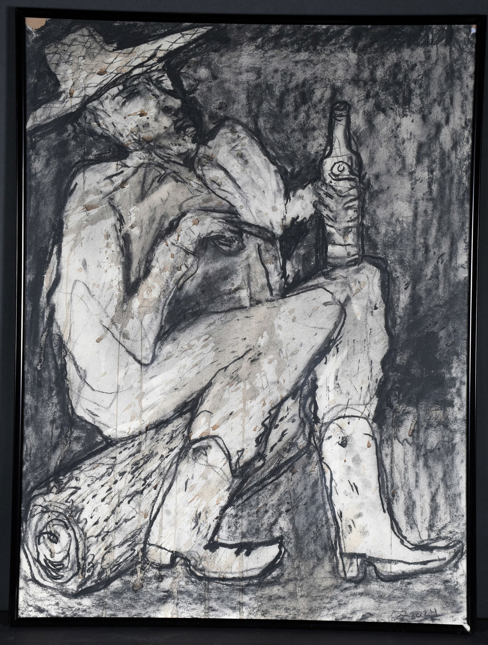 George Zupp. Sotol Drinker.: George Zupp. Sotol Drinker. 2024. Initialed and dated. Watercolor and charcoal on found paper. Top corner is missing, otherwise great condition. 18" w x 24" h including frame. Est. $100-300. Ship: $55