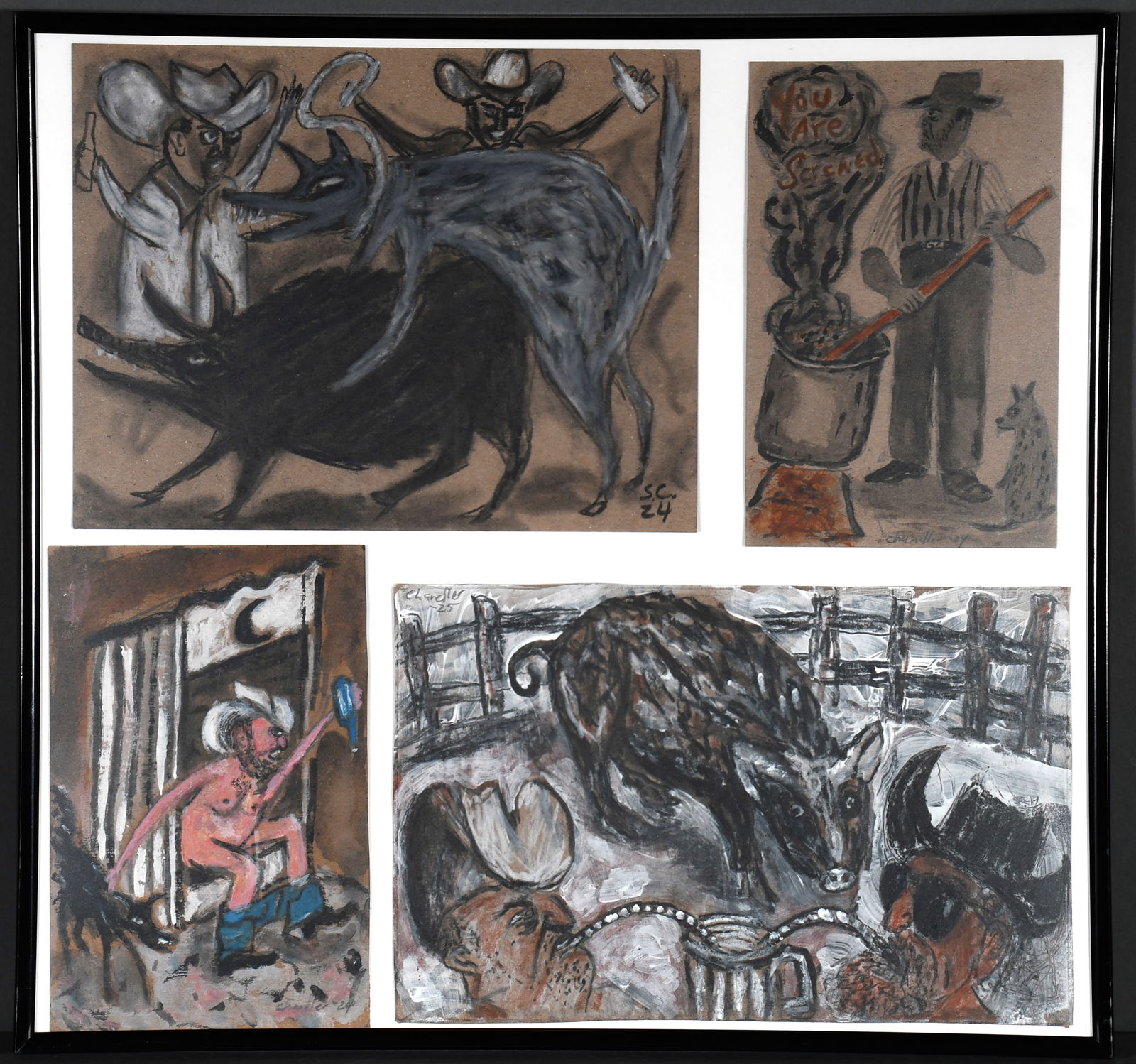 Steven Red Mud Chandler. Four Works Framed Together. (1 of 2)