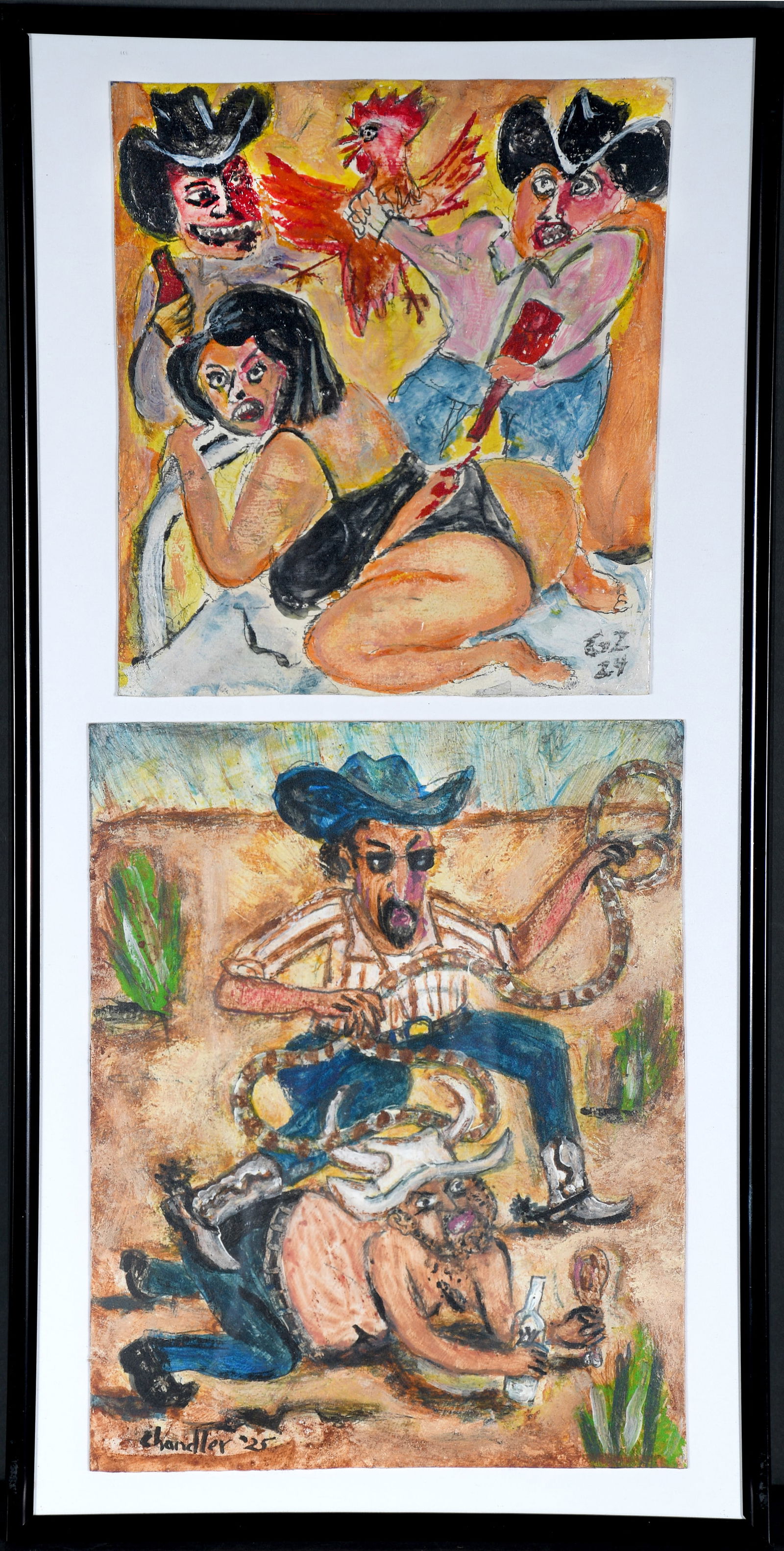 Steven Red Mud Chandler and George Zupp. Two Texas Works.: Steven Red Mud Chandler and George Zupp. Two Texas Works. 2024-25. Signed and dated. Paint and watercolor on found cardstock. Excellent condition. 10" w x 20" h framed together. Est. $200-300. Ship: