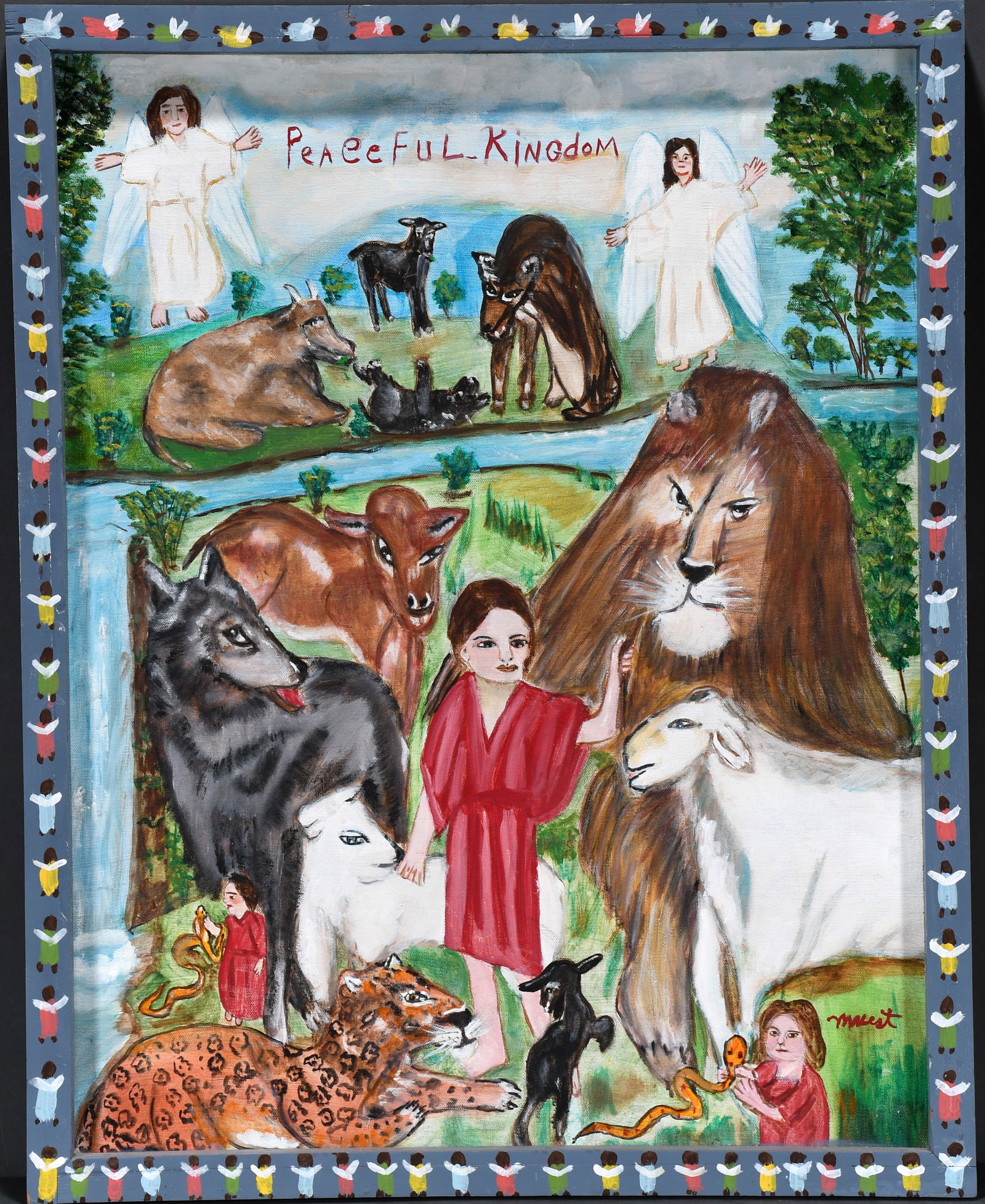 Myrtice West. Peaceful Kingdom.: Myrtice West. Peaceful Kingdom. Signed and titled. Oil on canvas. Excellent condition. 24" w x 30" h including artist decorated frame. Est. $300-500. Ship: $85 Please Read Before You Bid: By registeri