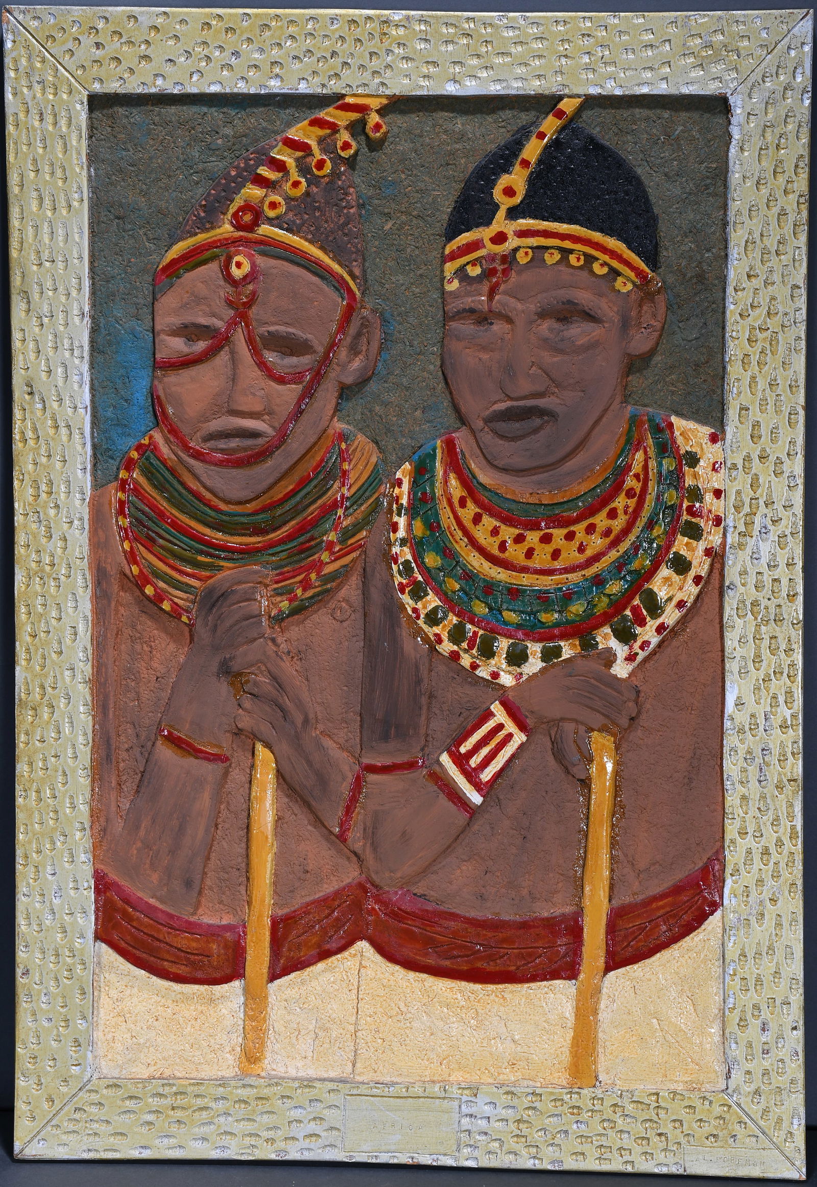 Albert Hoffman. Africa #1.: Albert Hoffman. Africa #1. Carved and painted wood relief plaque. Excellent condition. 23" w x 33.5" h. Est. $300-500. Ship: $100 Please Read Before You Bid: By registering for and/or placing a bid in