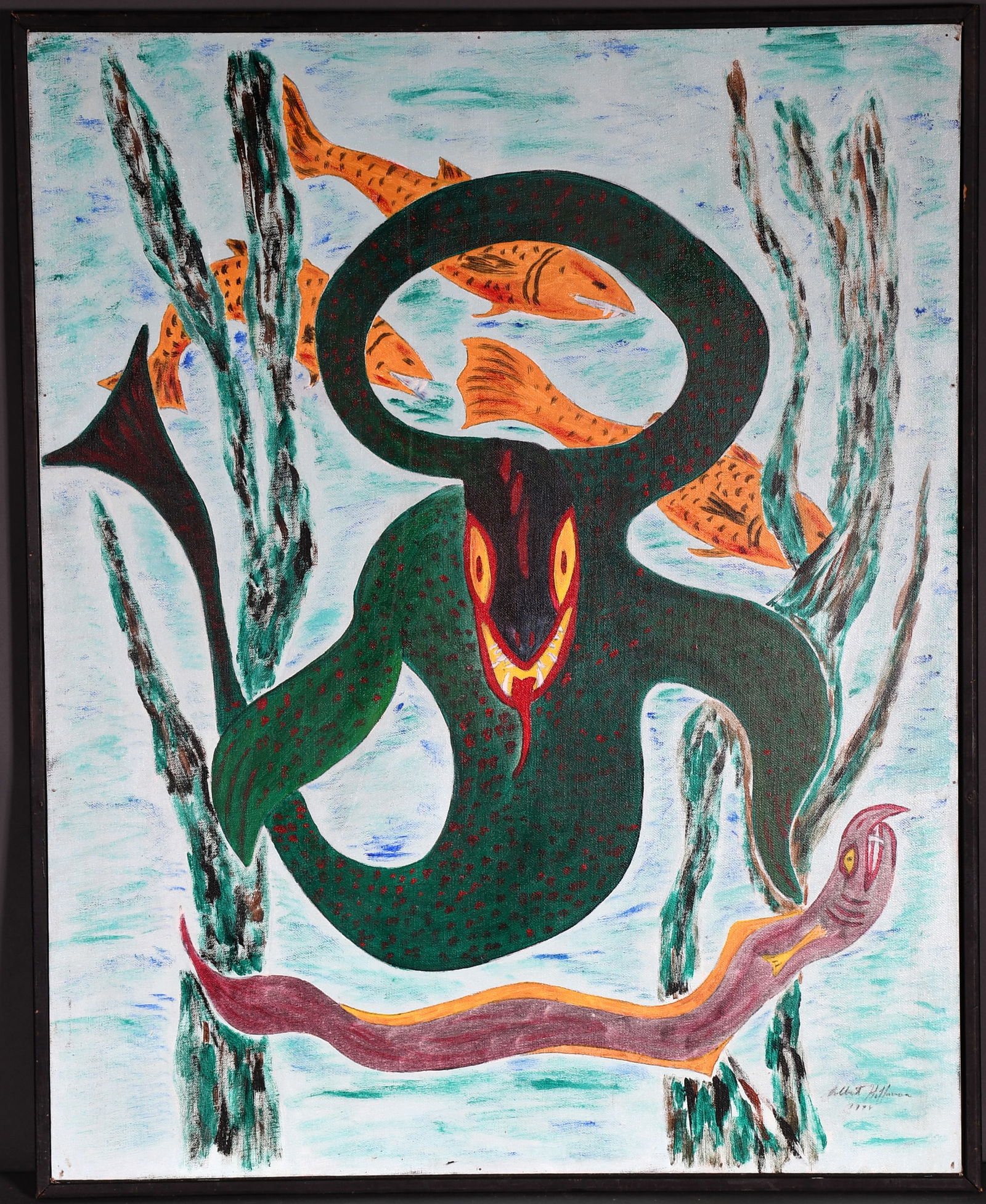 Albert Hoffman. Sea Dragon.: Albert Hoffman. Sea Dragon. 1978. Signed, dated, and titled. Oil on canvas panel. Excellent condition. Size with frame is 25" w x 31" h. Est. $200-300. Ship: $85 Please Read Before You Bid: By registe