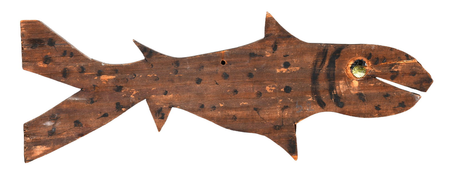 Jesse Aaron. Double Side Fish.: Jesse Aaron. Double Side Fish. Not signed. Cut out board with mixed media. Some weathering and fraying of board, otherwise fair condition. 20.5" w x 7.5" h. Est. $50-100. Ship: $45 Please Read Before