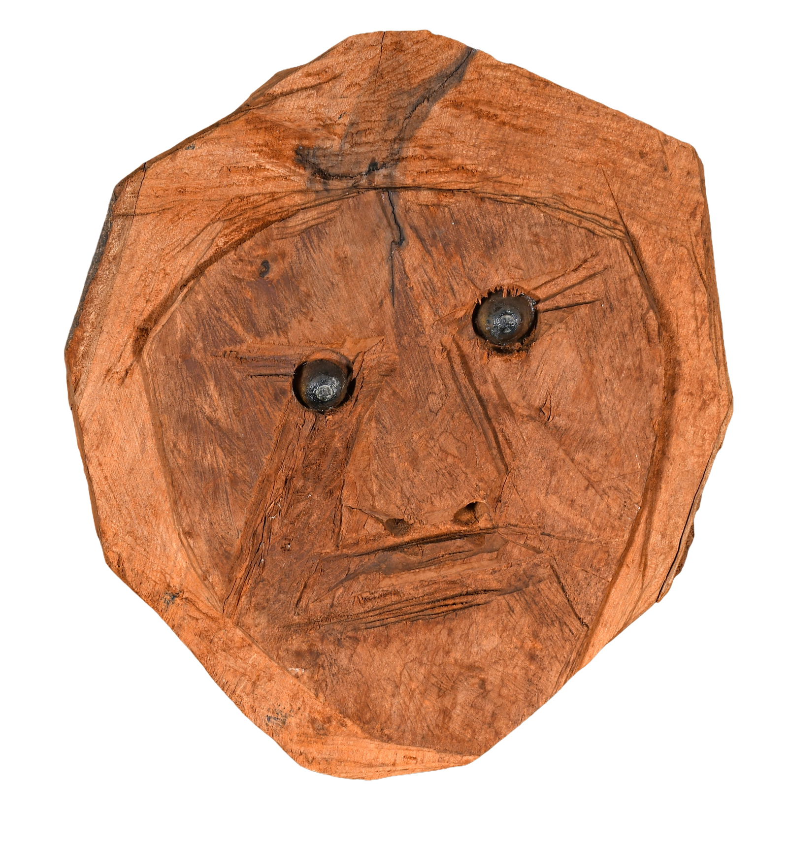 Jesse Aaron. Portrait.: Jesse Aaron. Portrait. Initialed. Carved cypress with plastic eyes. Excellent condition. 11" diameter. Est. $200-400. Ship: $65 Please Read Before You Bid: By registering for and/or placing a bid