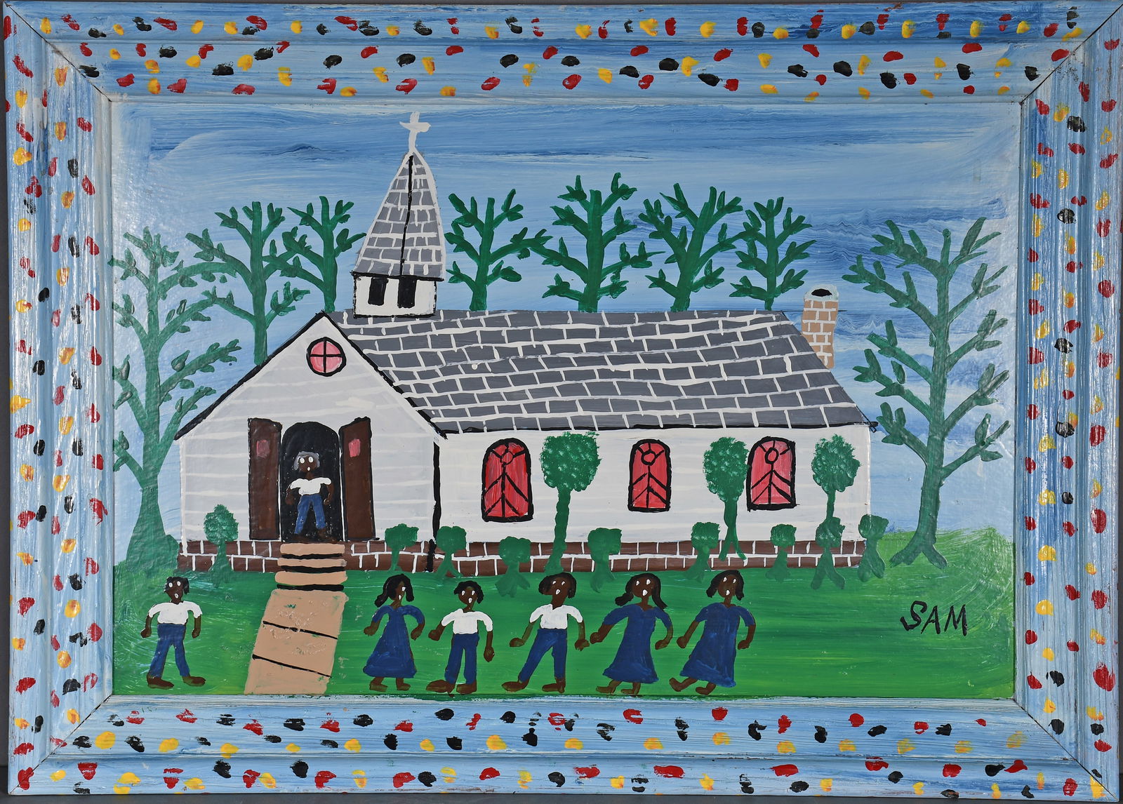 Sam The Dot Man McMillan. Going To Church.: Sam The Dot Man McMillan. Going To Church. Signed. Paint on panel. Excellent condition. Size with artist decorated frame, 28" w x 20" h. Est. $200-300. Ship: $85 Please Read Before You Bid: By