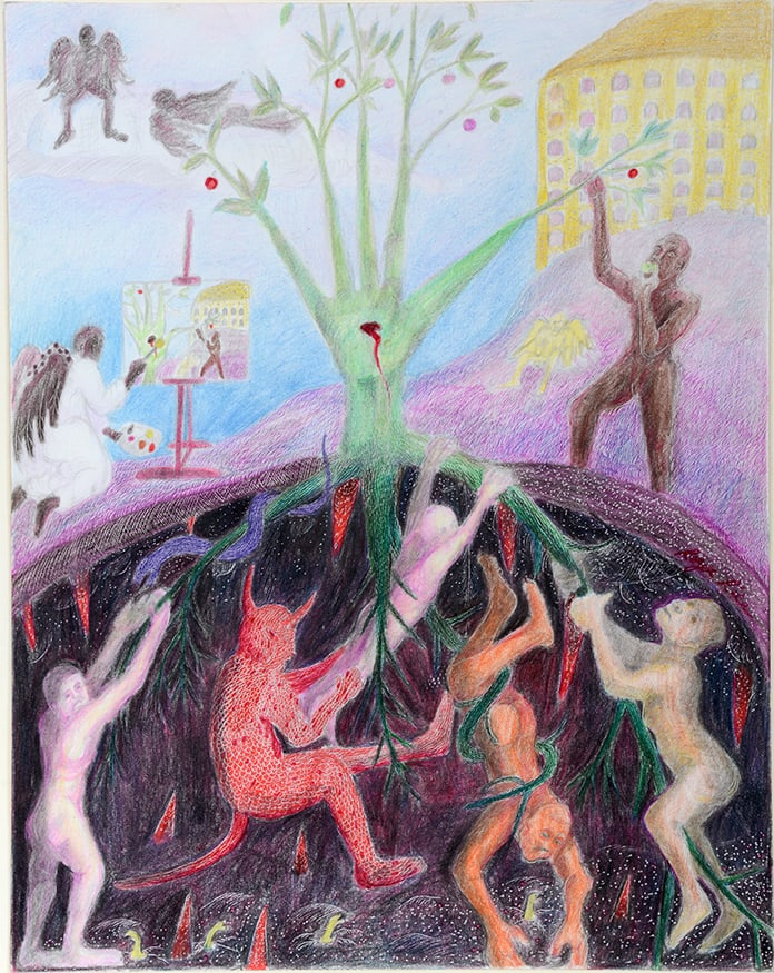 Roger Rice. Heaven and Hell Rev. 21:2.: Roger Rice. Heaven and Hell Rev. 21:2. 1996. Signed. Colored pencil on paper. Excellent condition. Image is 11" w x 14"?h. Frame is 21"?w x 24"?h. Provenance: Robert Cargo Gallery. Est. $100-300.