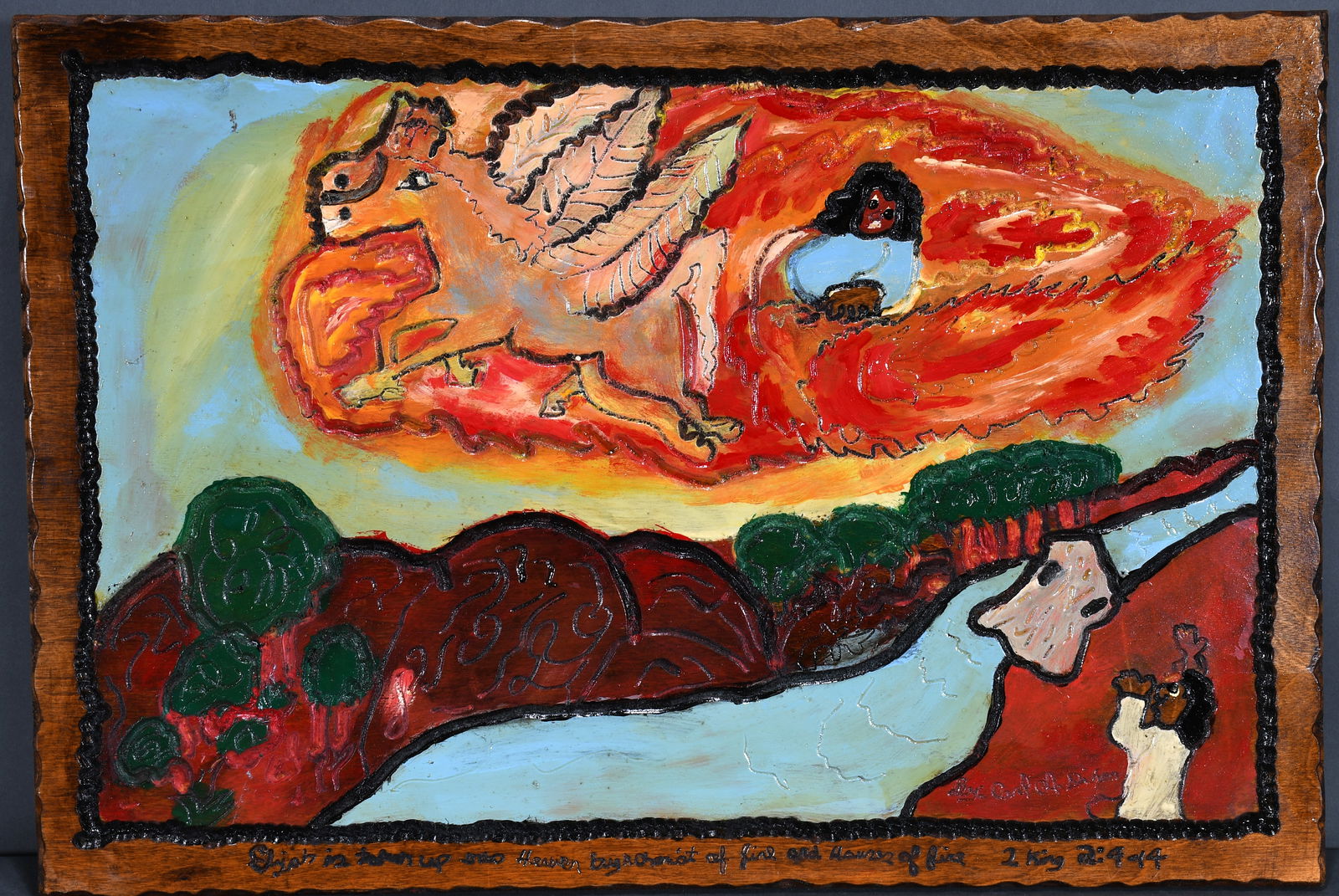 Carl Dixon. Elijah is Taken Up...: Carl Dixon. Elijah is Taken Up... Signed and titled. Carved and painted wood relief plaque. Excellent condition. 23" w x 16" h. Est. $100-200. Ship: $55 Please Read Before You Bid: By registering