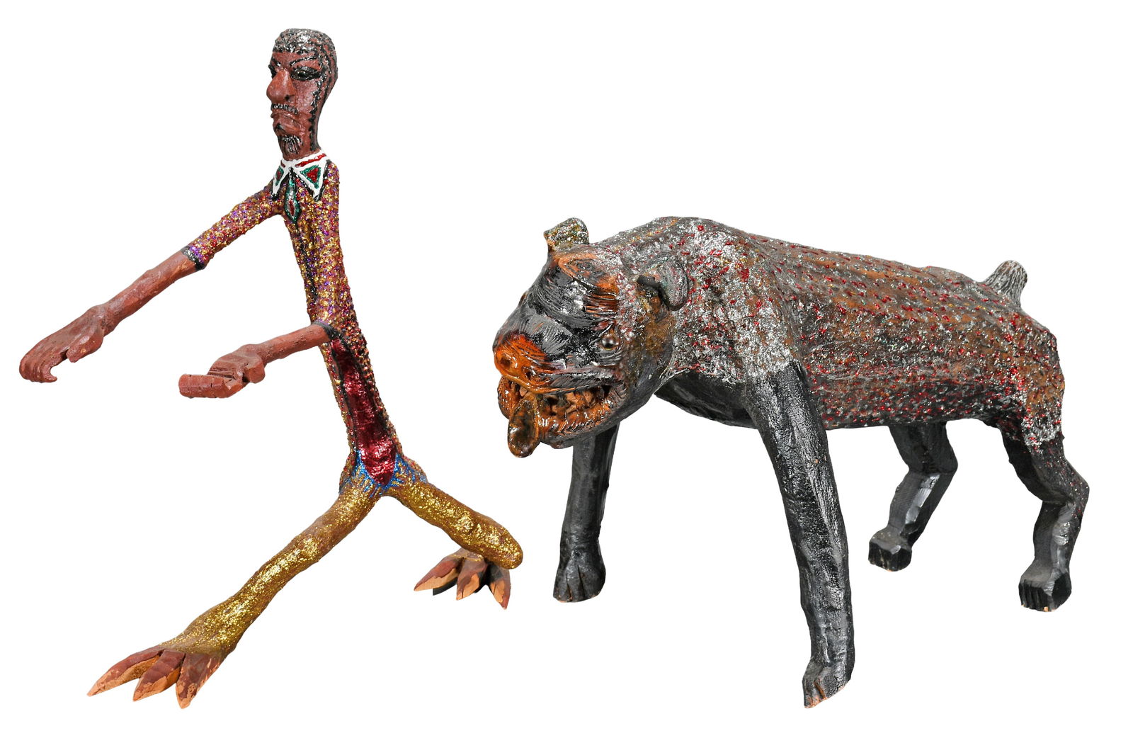 O.L. Samuels. Dog Chasing Man.: O.L. Samuels. Dog Chasing Man. Initialed. Carved and painted wood with glitter. Great condition. Dog is 26" long. Est. $300-500 for pair. Buyer is responsible for shipping. Please Read Before You