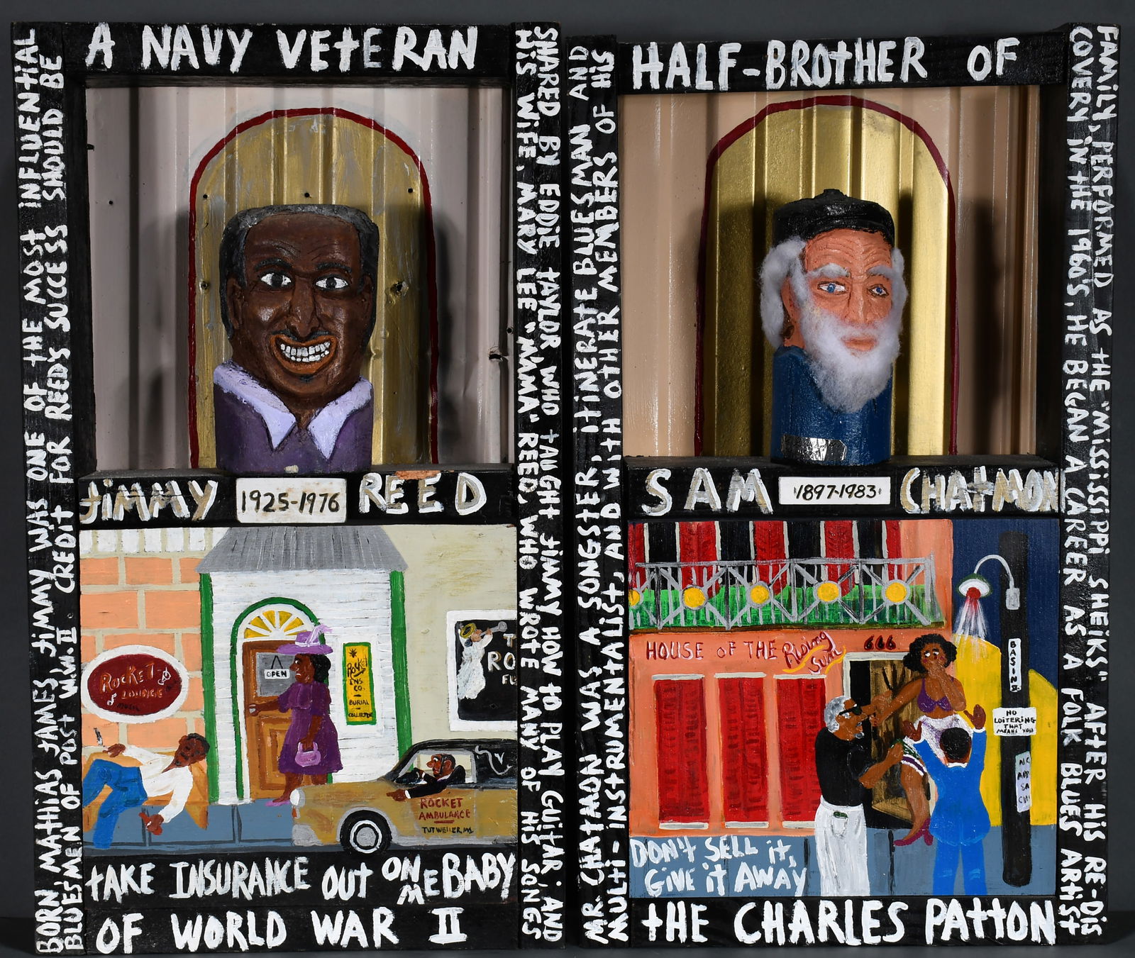 Sainte James 'A.J.' Boudreaux. Pair of Funeral Notices.: Sainte James A.J. Boudreaux. Pair of Funeral Notices. Paint and mixed media construction on wood. Excellent condition. 16" w x 28" h x 3.5" d. Est. $100-300. Ship: $200 Please Read Before You Bid: 