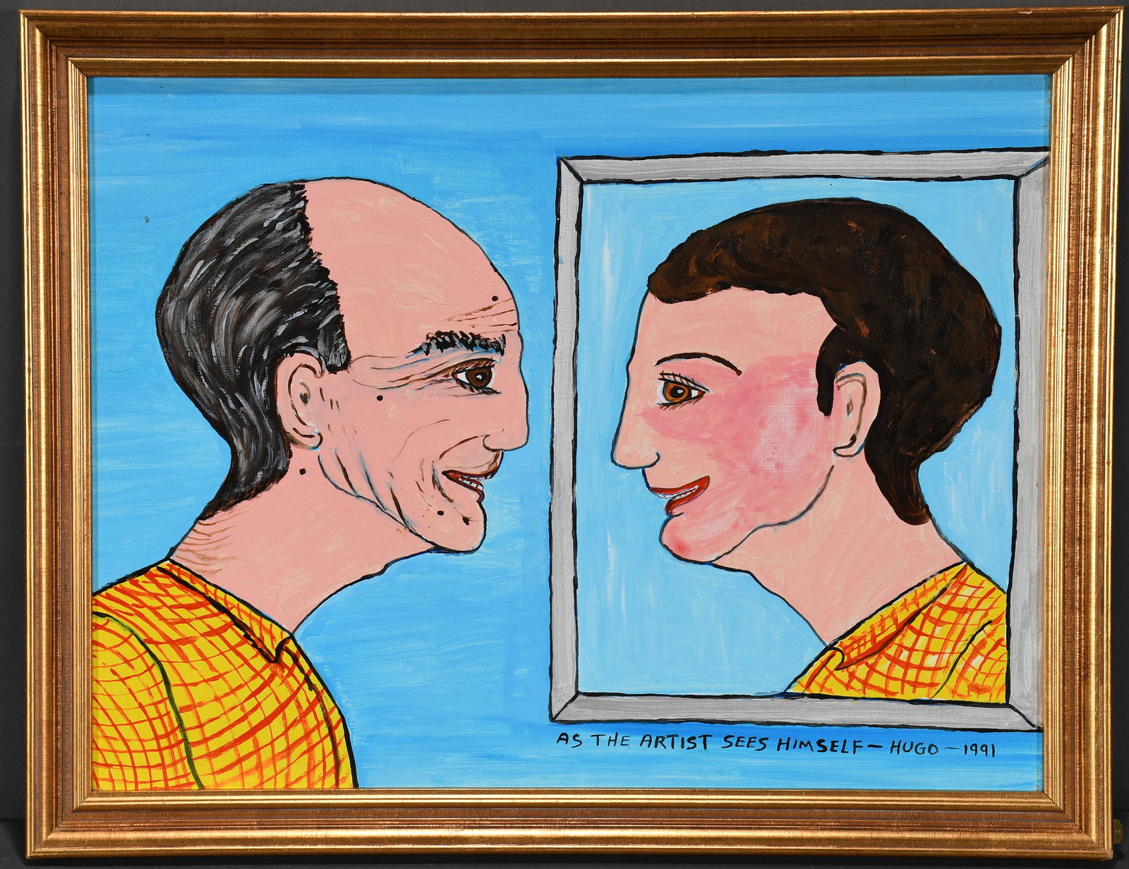Hugo Sperger. As The Artist Sees Himself.: Hugo Sperger. As The Artist Sees Himself. 1991. Signed, dated and titled. Paint on board. Excellent condition. 17.5" w x 14" h including frame. Est. $100-200. Ship: $45 Please Read Before You Bid: 