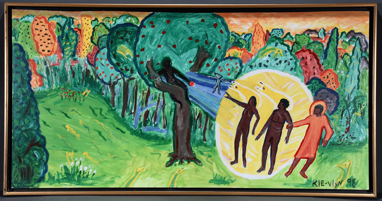 Kle-vlyn. The Seduction of Adam and Eve.: Kle-vlyn. The Seduction of Adam and Eve. 1998. Signed, dated and titled. Paint on Masonite. Excellent condition. 49.5" w x 26" h with frame. Est. $200-400. Ship: $250 Please Read Before You Bid: 