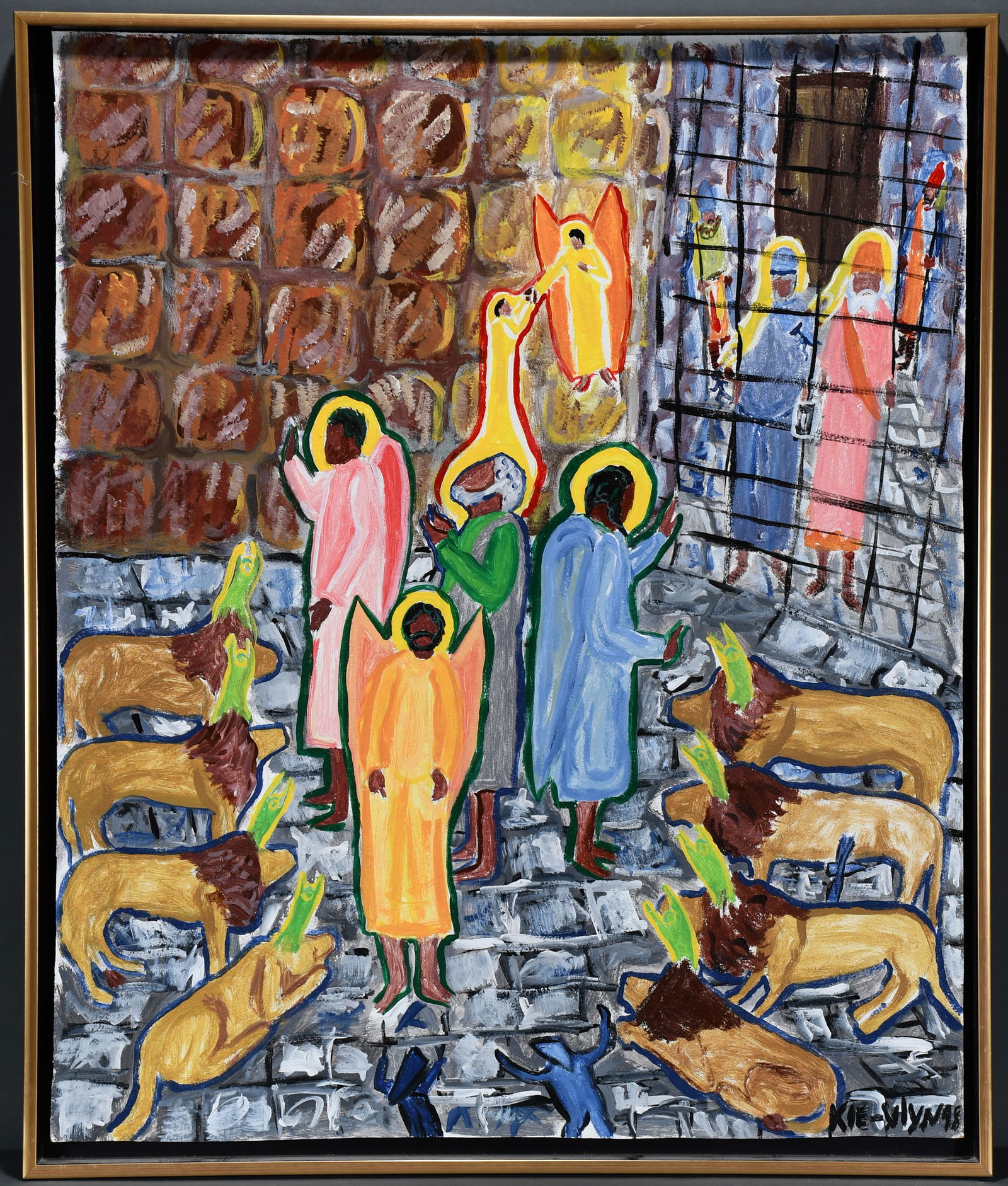 Kle-vlyn. Daniel In the Lion's Den.: Kle-vlyn. Daniel In the Lion's Den. 1998. Signed, dated and titled. Paint on paneling. Excellent condition. 33" w x 39" h with frame. Est. $200-400. Ship: $200 Please Read Before You Bid: By