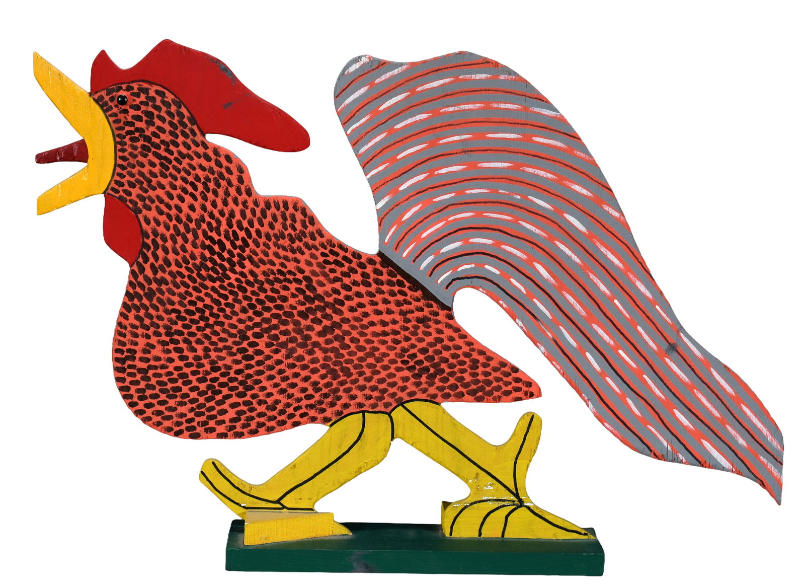 Marvin Finn. Screaming Rooster.: Marvin Finn. Screaming Rooster. 1990. Signed and dated. Paint on cut out wood. Minor paint wear, otherwise good condition. 25" w x 16" h. Est. $100-200. Ship: $65 Please Read Before You Bid: By regist