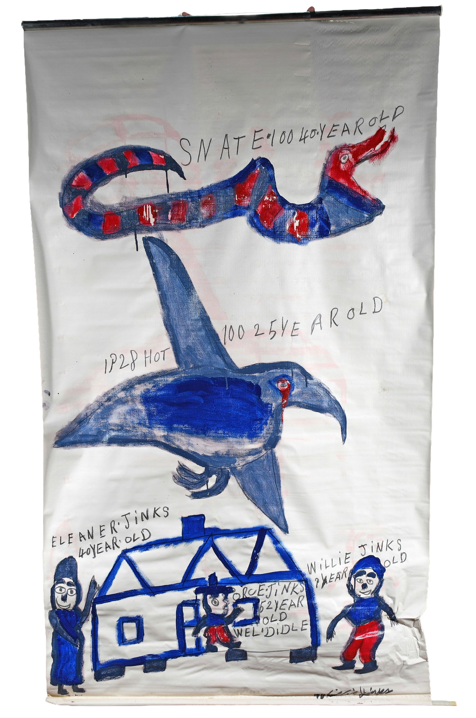 Willie Jinks. Willie and Family.: Willie Jinks. Willie and Family. Paint on found window shade. Good environmental condition. 41" w x 69" h. Est. $100-200. Ship: $55 (rolled). Please Read Before You Bid: By registering for and/or