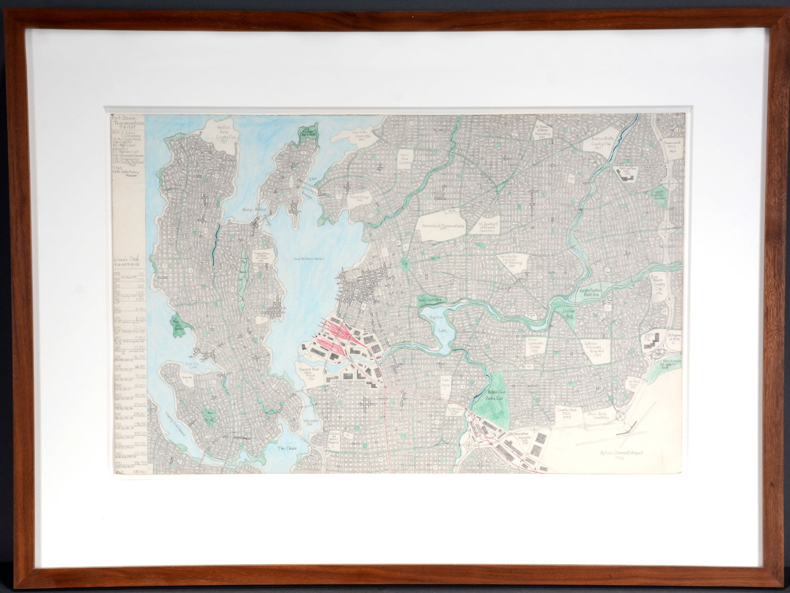 Dennis Clark. Port Steven Transmountiania.: Dennis Clark. Port Steven Transmountiania. 2008. Signed and dated. Graphite, ink and colored pencil on paper. Dog-eared corners, otherwise excellent condition. 22" w x 14" h. Frame is 30" w x 22.5" h.