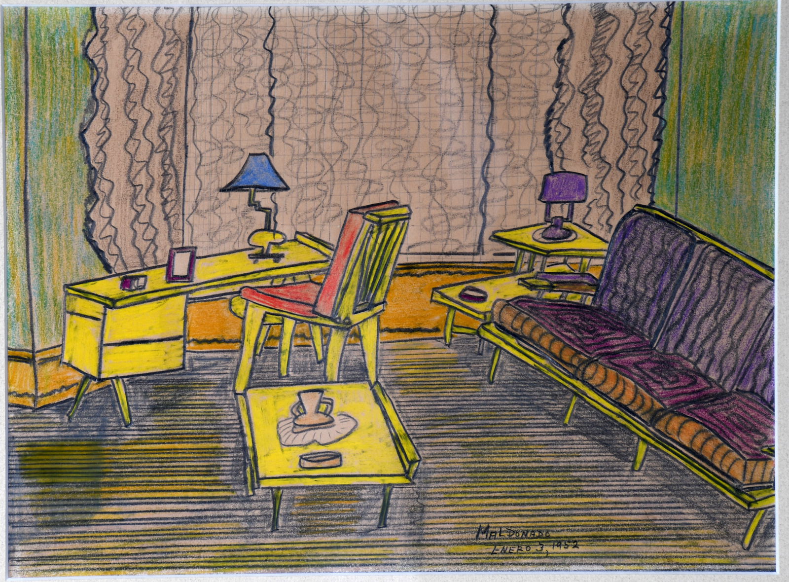 Alex Maldonado. House Interior.: Alex Maldonado. House Interior. c. 1950's. Colored pencil and crayon on paper. Excellent condition. 18" w x 15" h with frame. Provenance: The Personal Collection of Richard Gasperi and James Resko. Es