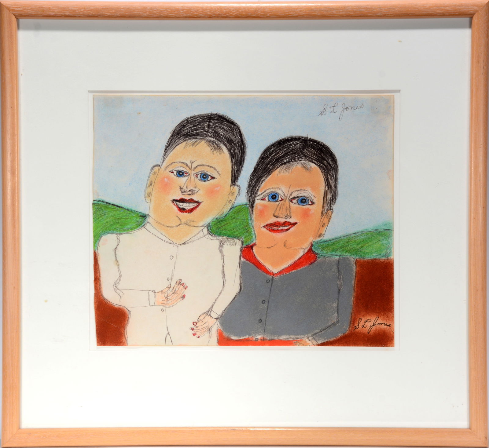 S.L. Jones. Couple In Red Clay Field.: S.L. Jones. Couple In Red Clay Field. Signed. Pastel and ink on paper. Excellent condition. Image is 16" w x 14"?h. Frame is 27" w x 24"?h. Est. $100-300. Ship: $75 Please Read Before You Bid: By regi