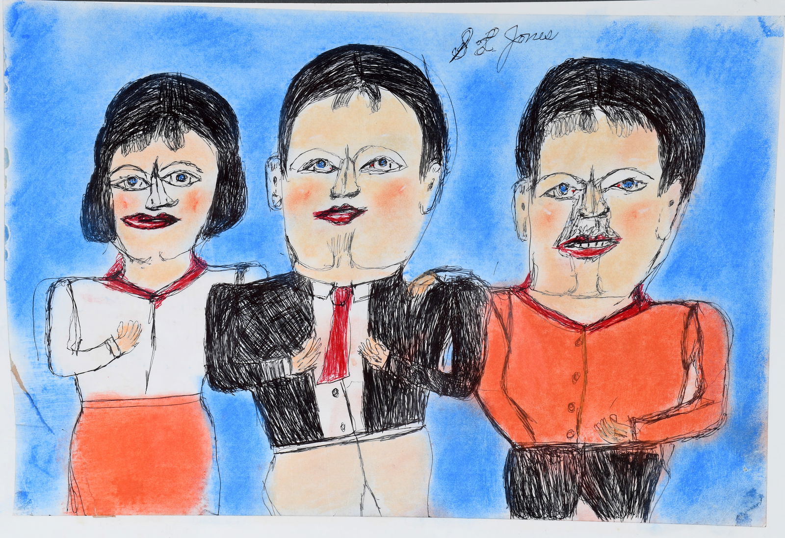 S.L. Jones. Thruple.: S.L. Jones. Thruple. Signed. Ink and pastel on paper. Great condition. 18" w x 12" h Est. $100-200. Ship: $55 Please Read Before You Bid: By registering for and/or placing a bid in any Slotin