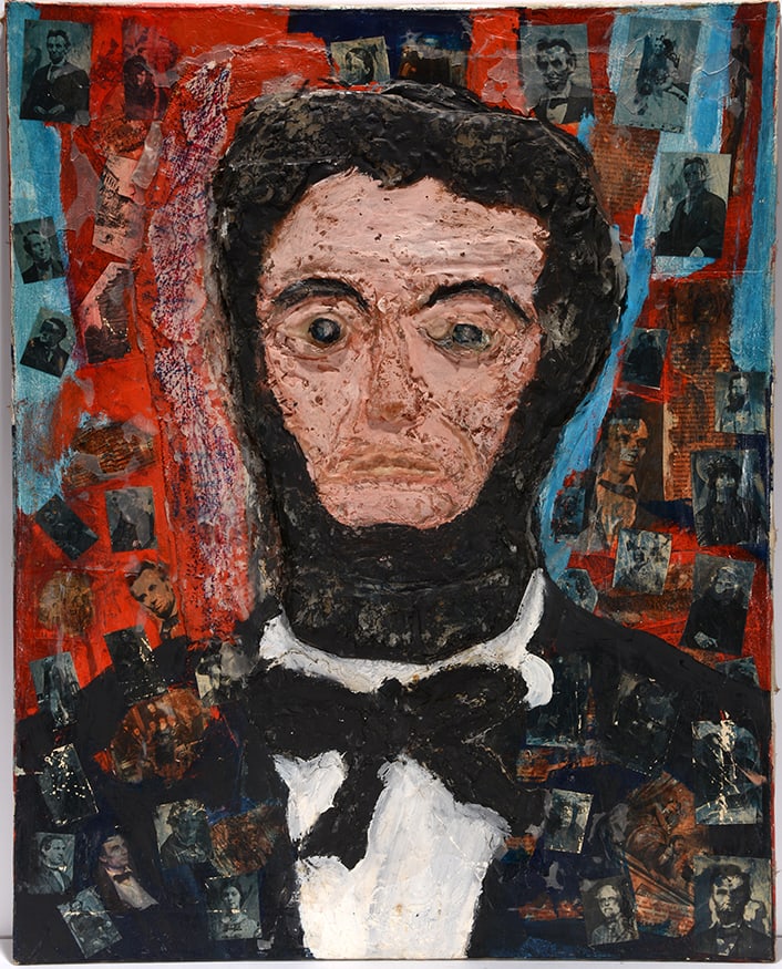 3D Abraham Lincoln.: Unknown. 3D Abraham Lincoln. Not signed. Mixed media on canvas. Great condition. 24" w x 30"?h. Est. $200-300. Ship: $75 Please Read Before You Bid: By registering for and/or placing a bid in any