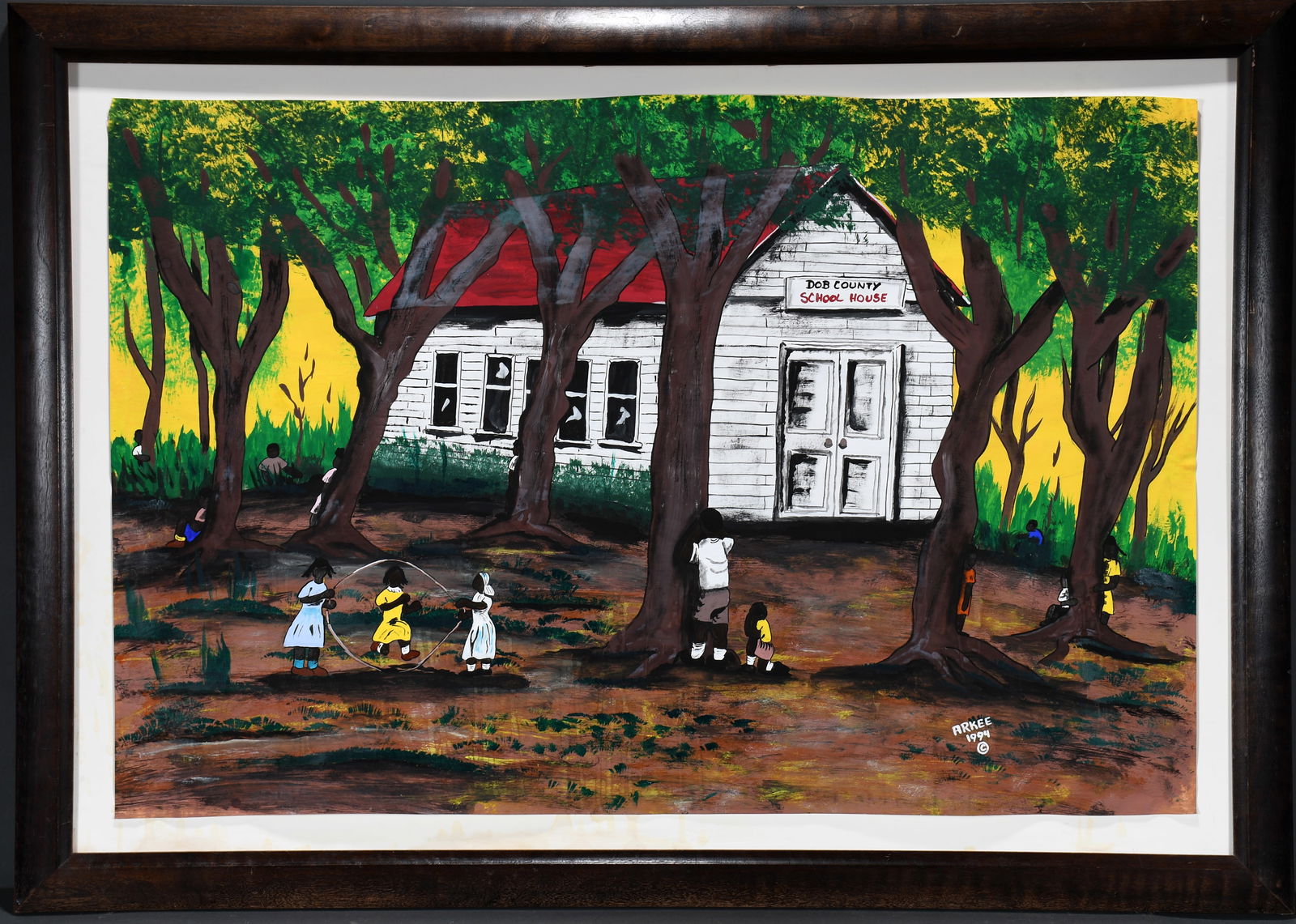 Arkee Chaney. Dob County School House.: Arkee Chaney. Dob County School House. 1994. Signed, dated and titled. Paint on paper. Excellent condition. 43.5" w x 31" h including frame. Est. $100-300. Ship: $250 Please Read Before You Bid: 