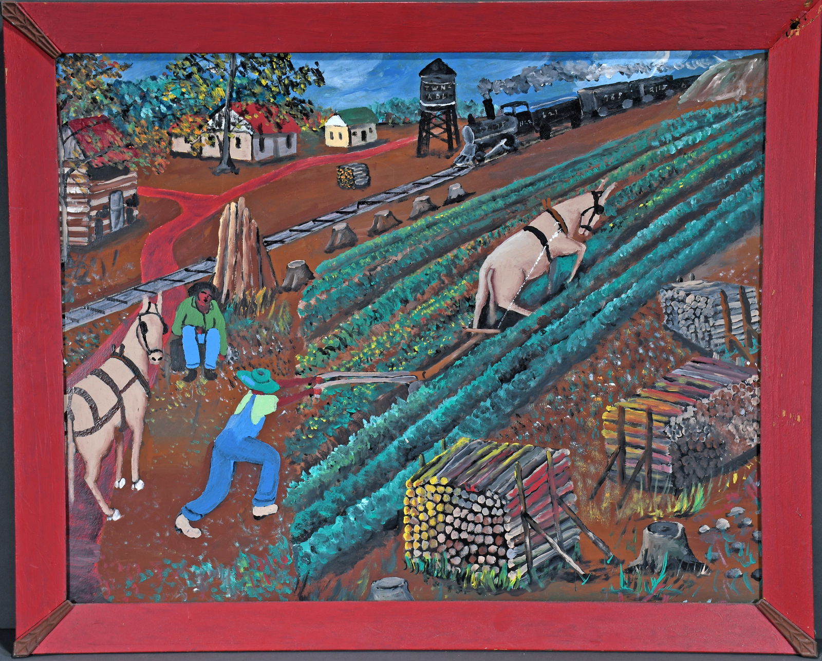 Adam Loyd. Tilling the Garden.: Adam Loyd. Tilling the Garden. Paint on found board. Excellent condition. Size with frame is 37" w x 30" h. Est. $200-300. Ship: $150 Please Read Before You Bid: By registering for and/or placing