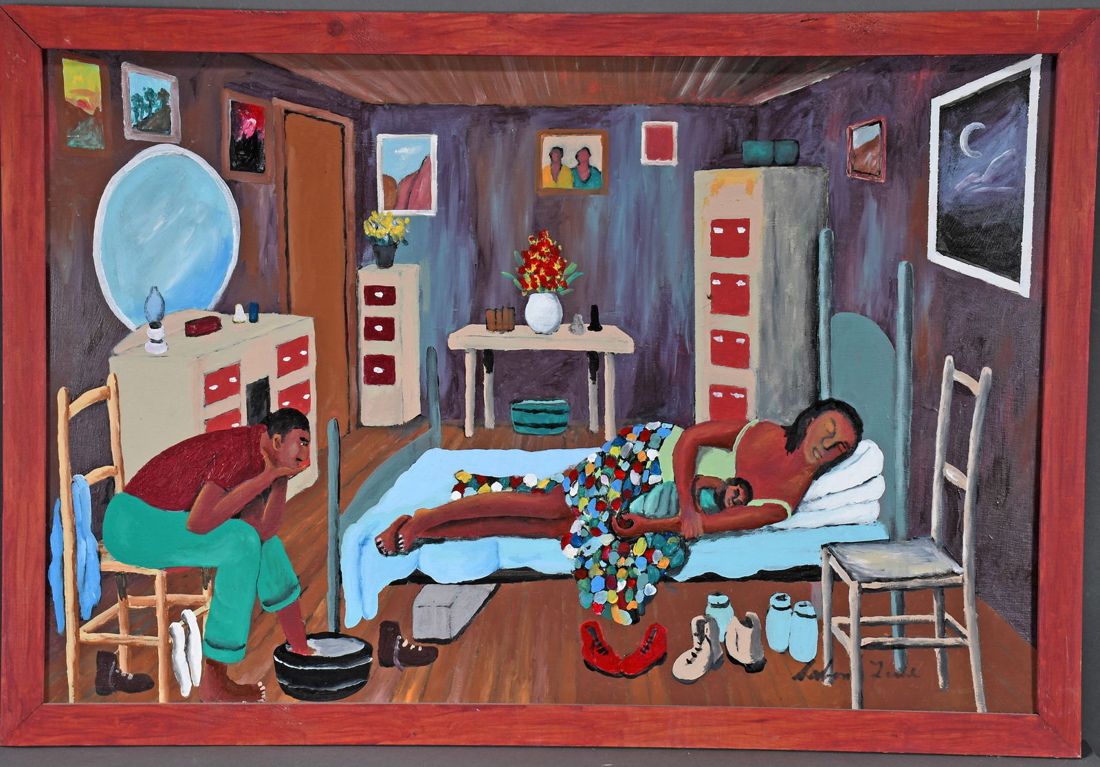 Adam Loyd. Momma Sleeping.: Adam Loyd. Momma Sleeping. Signed. Paint on found board. Excellent condition. Size with frame is 40" w x 27" h. Est. $200-300. Ship: $150 Please Read Before You Bid: By registering for and/or
