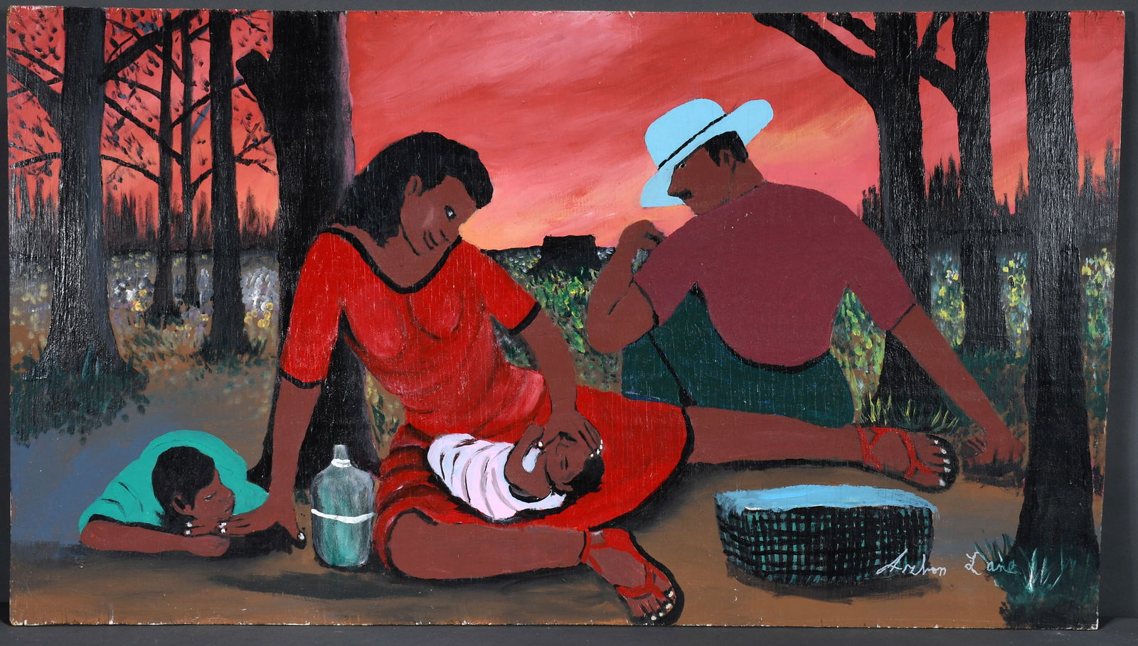 Arbon Lane. Picnic.: Arbon Lane. Picnic. Signed. Paint on found board. Great condition. 36" w x 20" h. Est. $100-200. Ship: $85 Please Read Before You Bid: By registering for and/or placing a bid in any Slotin