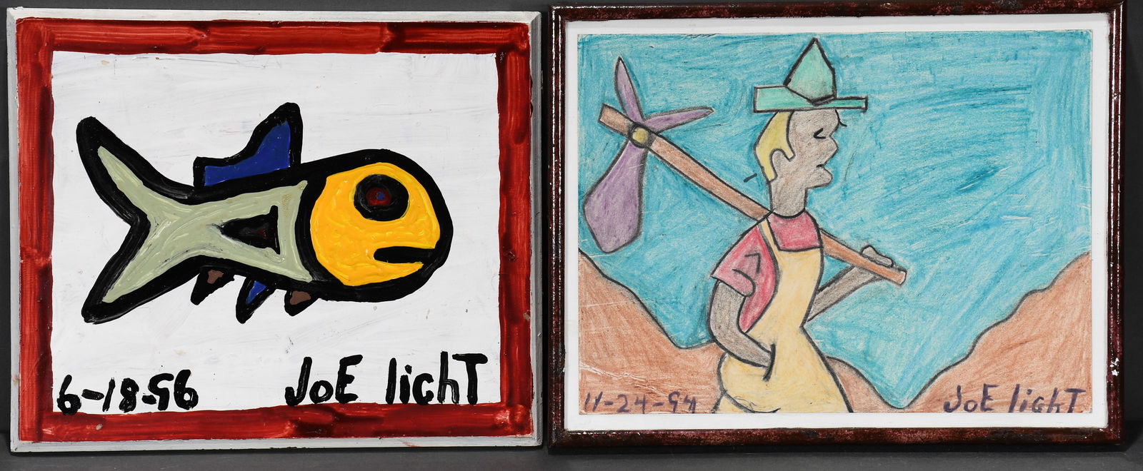 Joe Light. Fish and Hobo. Pair of Works.: Joe Light. Fish and Hobo. Pair of Works. 1994 & 1996. Signed and dated. Paint and crayon on mixed media. Great condition. Average size is 12" x 10". Est. $100-200. Ship: $45 Please Read Before You