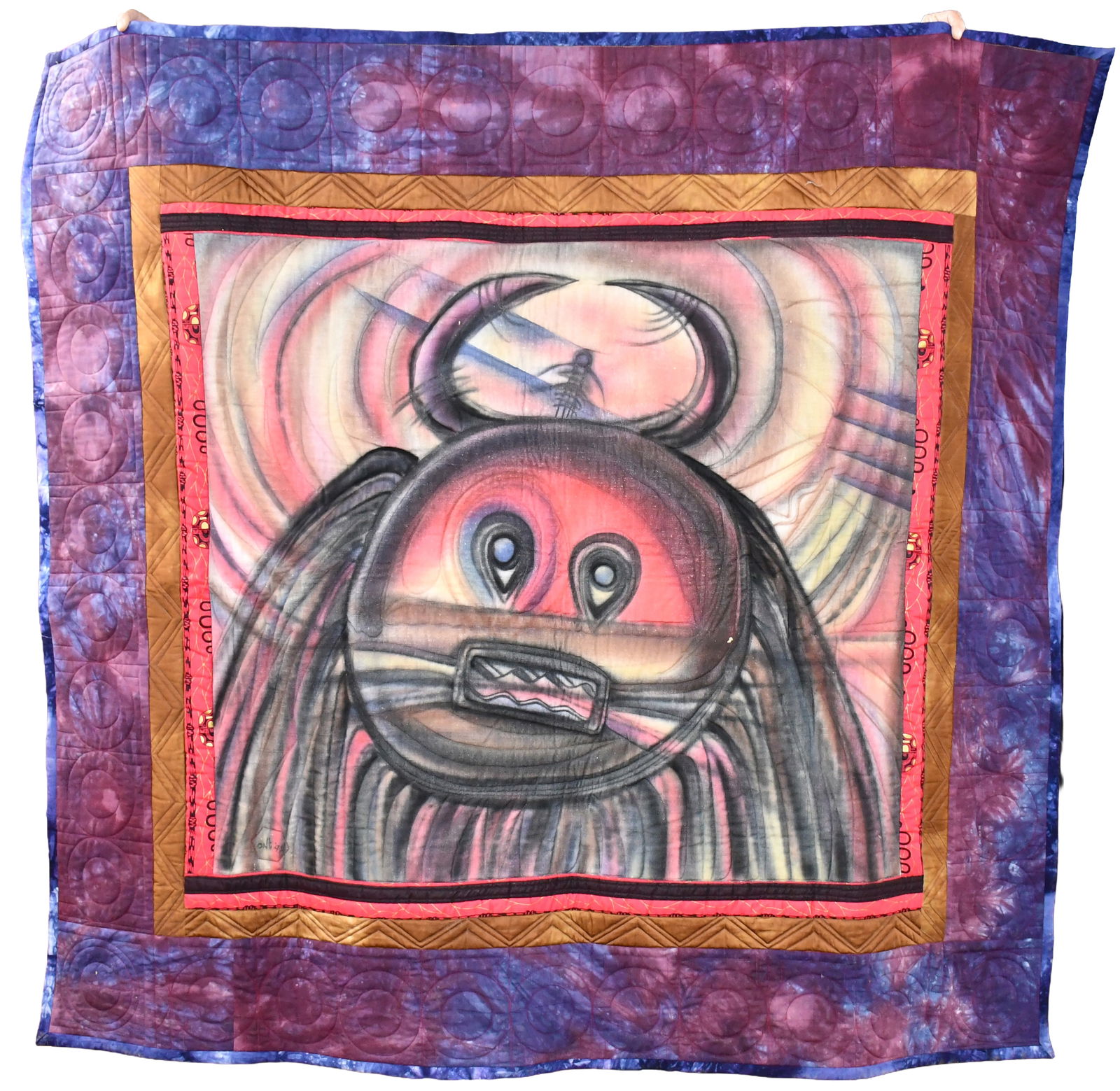 Turtel Onli. African Inspired Mask.: Turtel Onli. African Inspired Mask. 1991. Signed and dated. Paint on cotton quilt. Excellent condition. 66" w x 61" h. Est. $100-200. Ship: $45 Please Read Before You Bid: By registering for