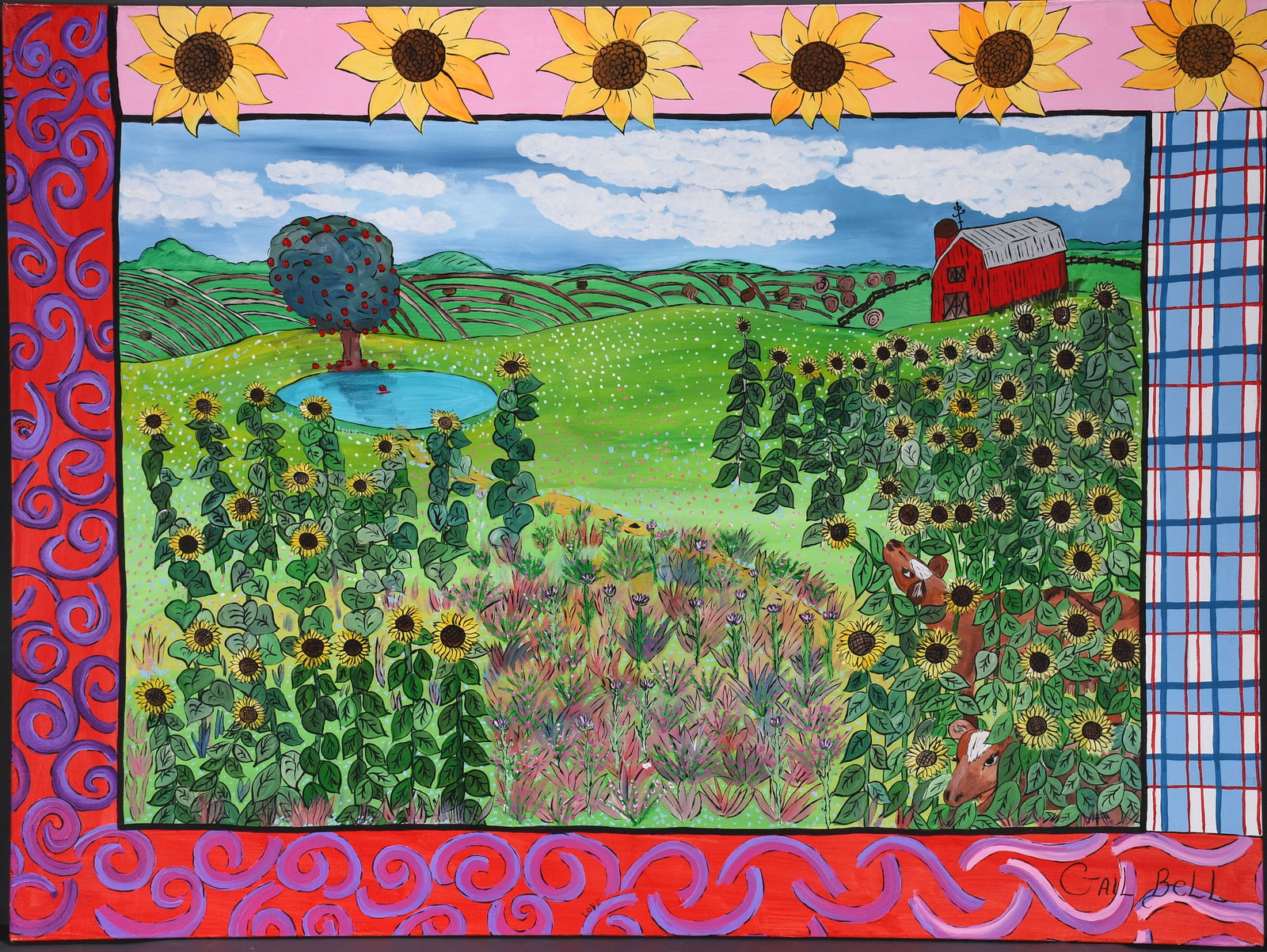 Gail Bell. Cows In The Sunflower Field.: Gail Bell. Cows In The Sunflower Field. Signed and titled. Oil on canvas. Excellent condition. 48" w x 36" h. Est. $100-300. Buyer is responsible for shipping. Please Read Before You Bid: By registeri