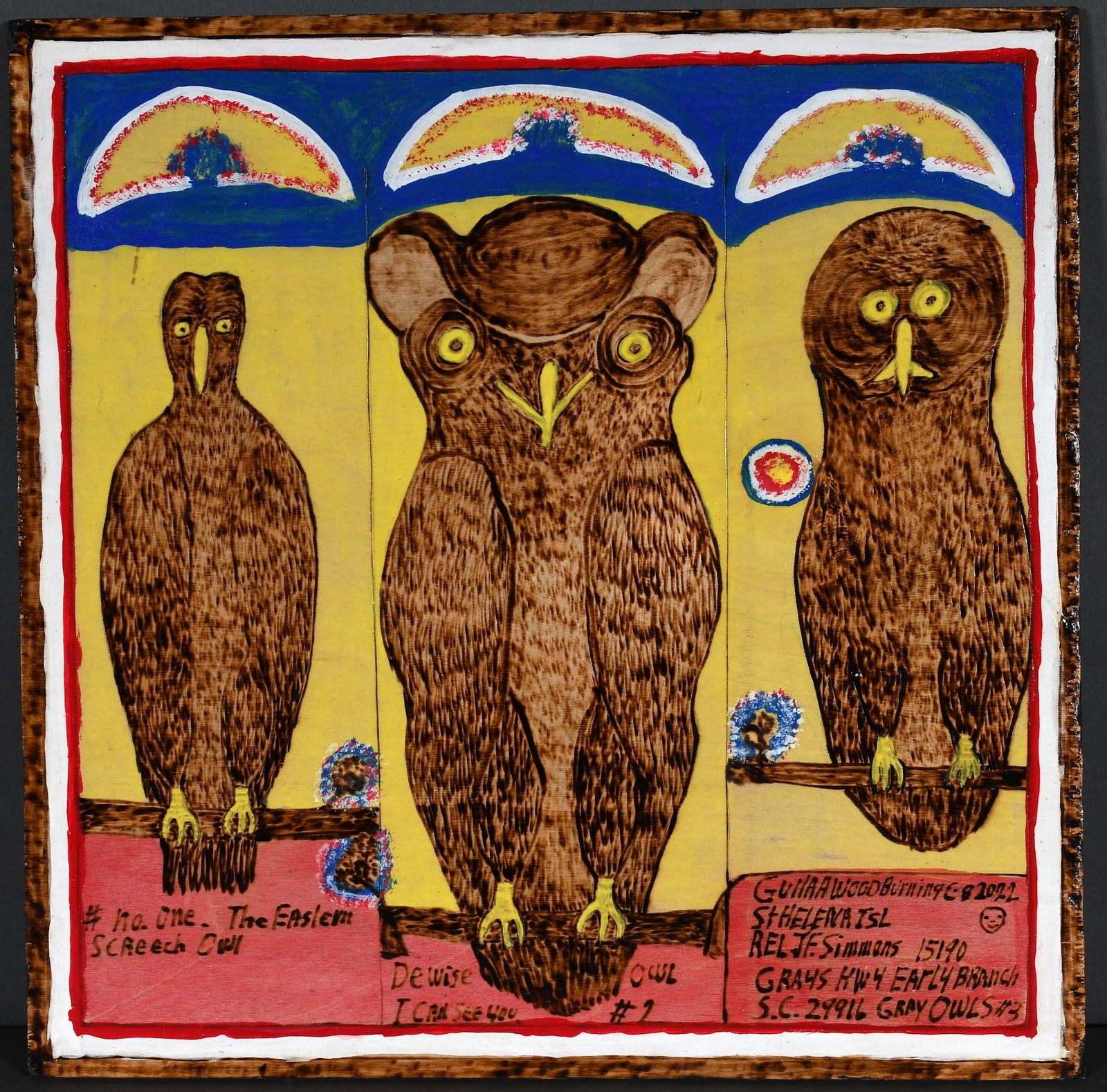 Rev. Johnnie F. Simmons. # One. The Easlem Screech Owl.: Reverend Johnnie F. Simmons. # One. The Easlem Screech Owl. Signed and titled. Wood burn, mixed media board. Excellent condition. 12" w x 12" h. Est. $100-200. Ship: $35 Please Read Before You Bid: