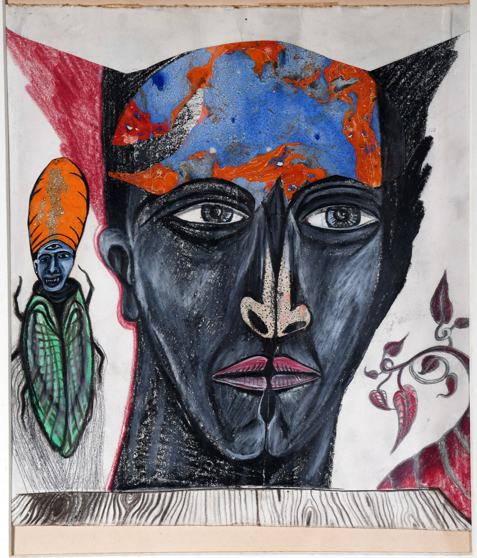 Unknown Artist - Devil Figure With Royal Bug: Unknown Artist - Devil Figure With Royal Bug. Not signed. Notice the two profiles looking at each other and making a portrait. Mixed media collage on found cardstock. Image is 11" w x 12" h. Frame is