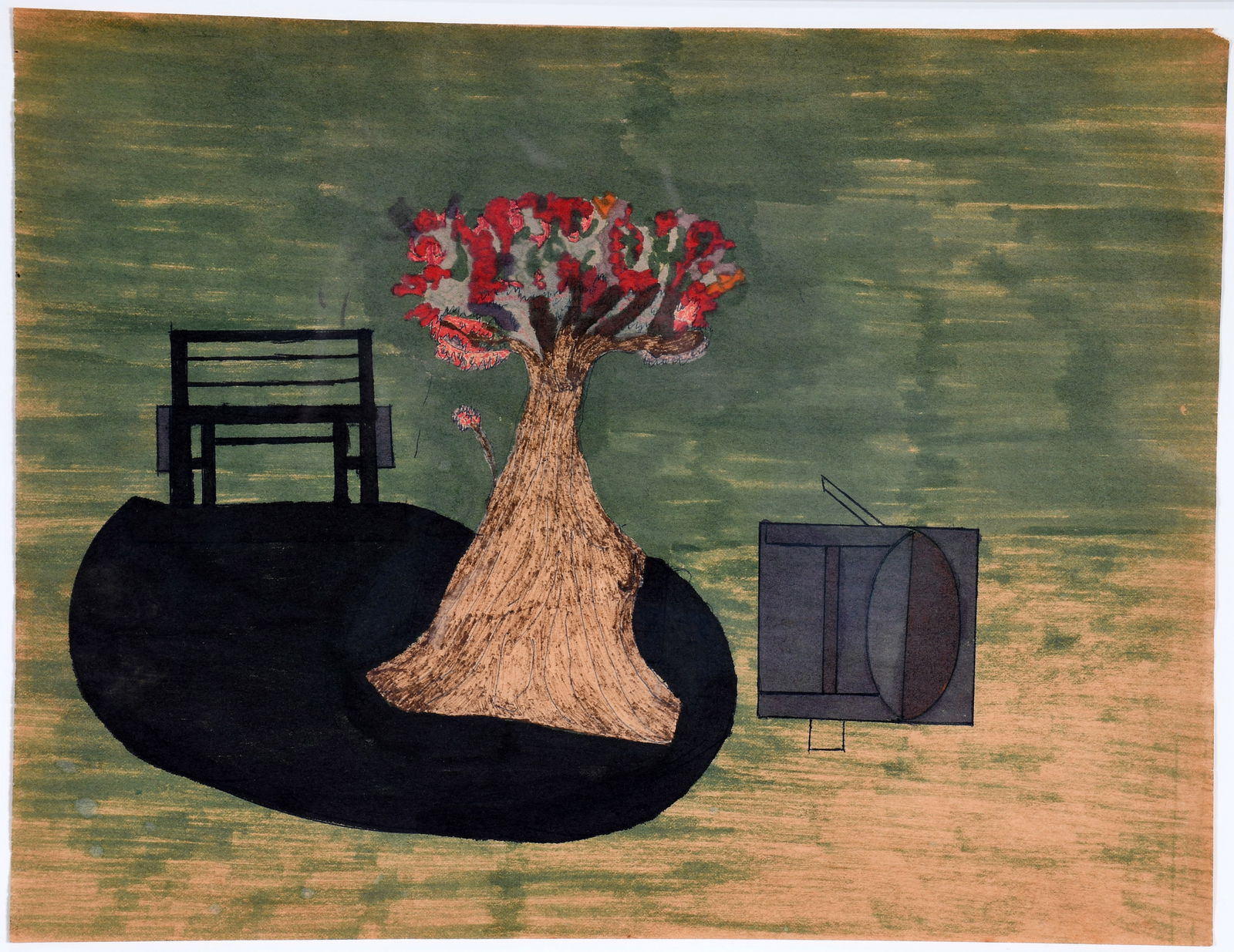 Robert Lindsey Walker. Backyard Patio.: Robert Lindsey Walker. Backyard Patio. Colored pencil and watercolor on paper. Excellent condition. Size with frame is 21" w x 17" h. Est. $300-500. Ship: $55 Please Read Before You Bid: By