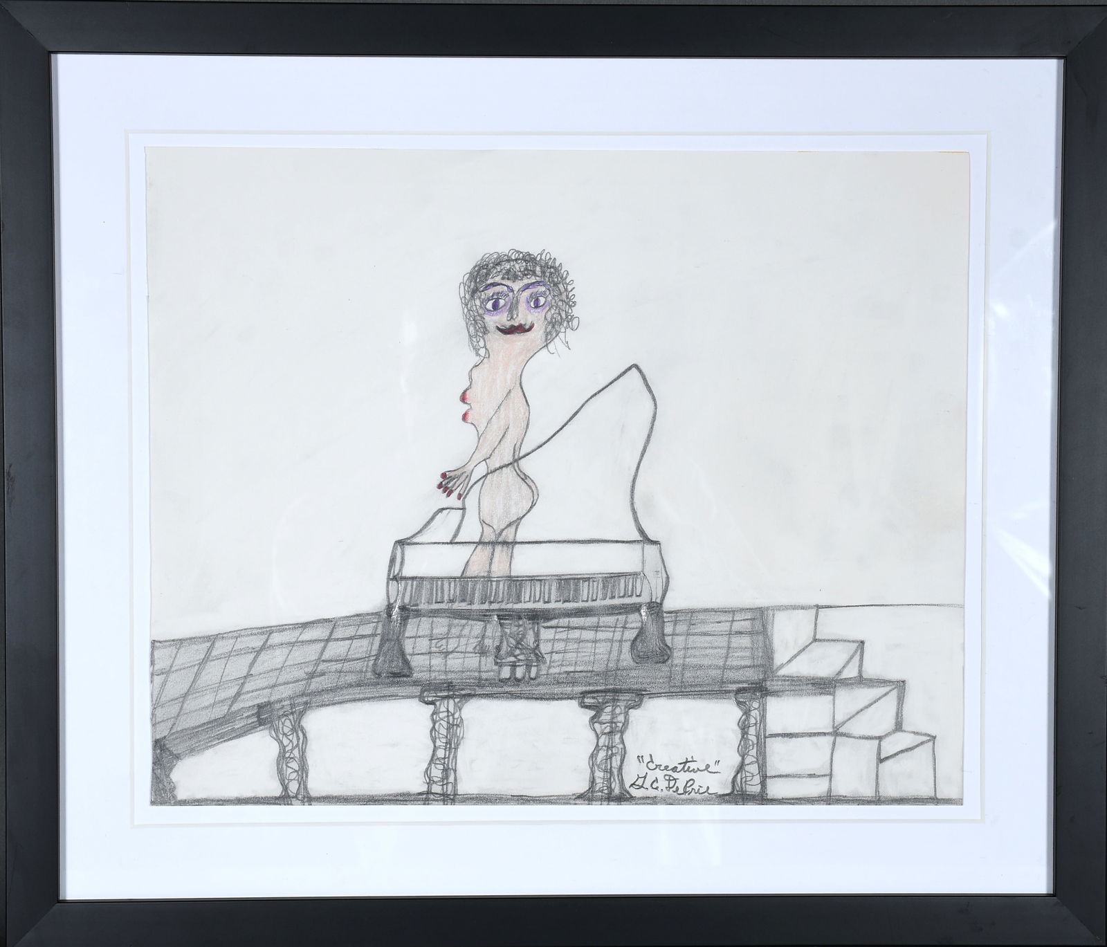 Creative G.C. DePrie. Nude Woman On Piano.: Creative G.C. DePrie. Nude Woman On Piano. Signed. Graphite and colored pencil on paper. Excellent condition. Size with frame is 18.5" w x 16" h. Est. $100-200. Ship: $55 Please Read Before You Bid: B