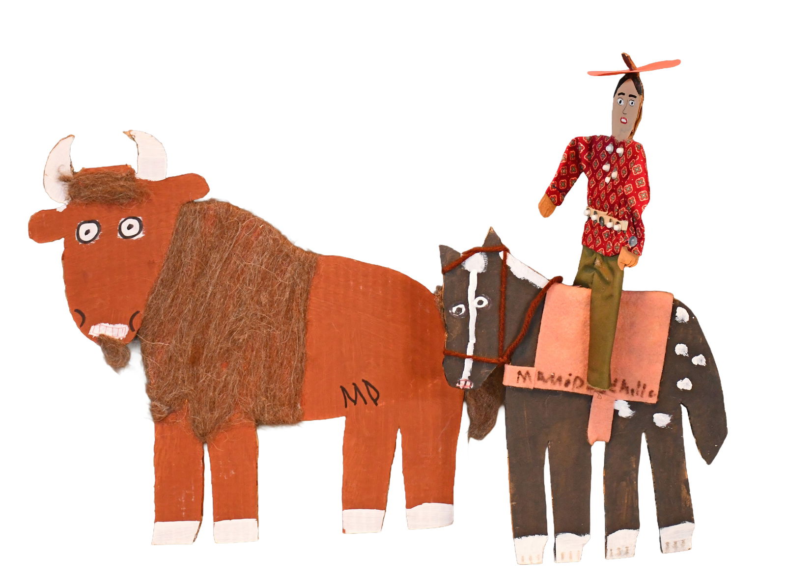 Mamie Deschillie. Cowboy Herding Bison.: Mamie Deschillie. Cowboy Herding Bison. Initialed. Paint and mixed media on cut out cardboard. Excellent condition. Largest is 14" w x 14" h. Provenance: Leslie Muth Gallery. Est. $100-200. Ship: $45