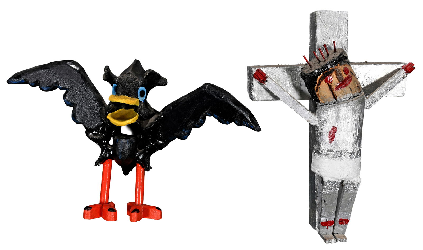 Ruthie Cooper and J.L. Hunter. Black Bird and Crucifixion.: Ruthie Cooper and J.L. Hunter. Black Bird and Crucifixion. Both are signed and initialed. Carved and painted wood with mixed media. Good condition. Bird is 15" w x 10" h. Est. $100-200. Ship: $65 