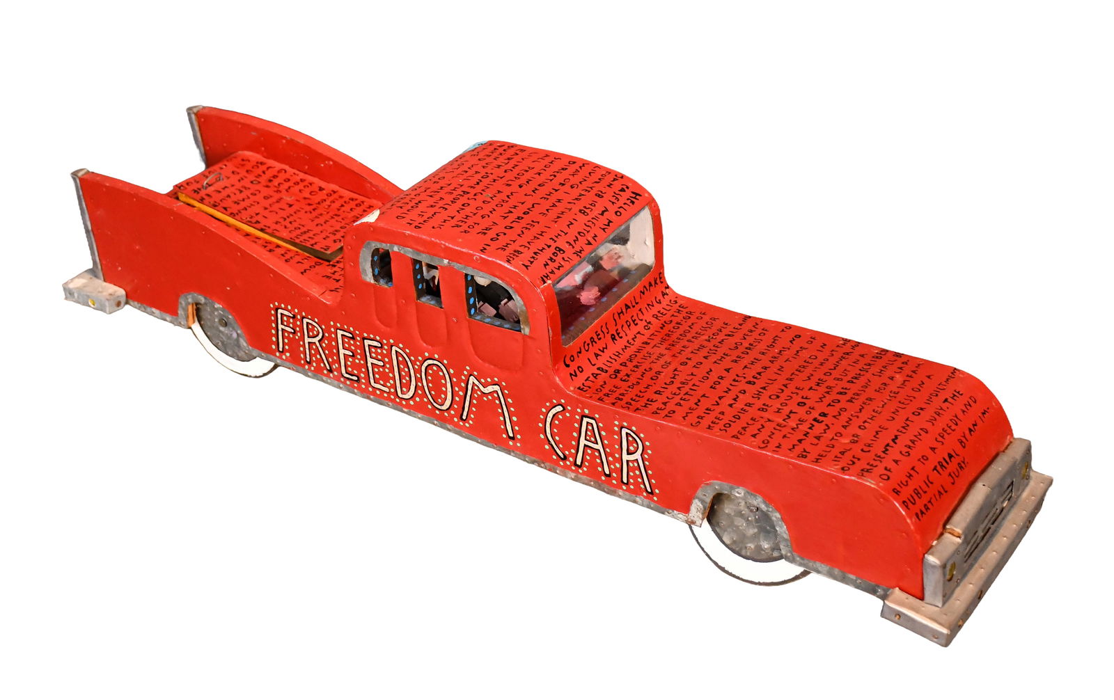 Mark Casey Milestone. Freedom Car.: Mark Casey Milestone. Freedom Car. Not signed or dated. Mixed media metal over wood. Great condition. 28" long x 8" h x 6" d. Est. $100-200. Ship: $85 Please Read Before You Bid: By registering