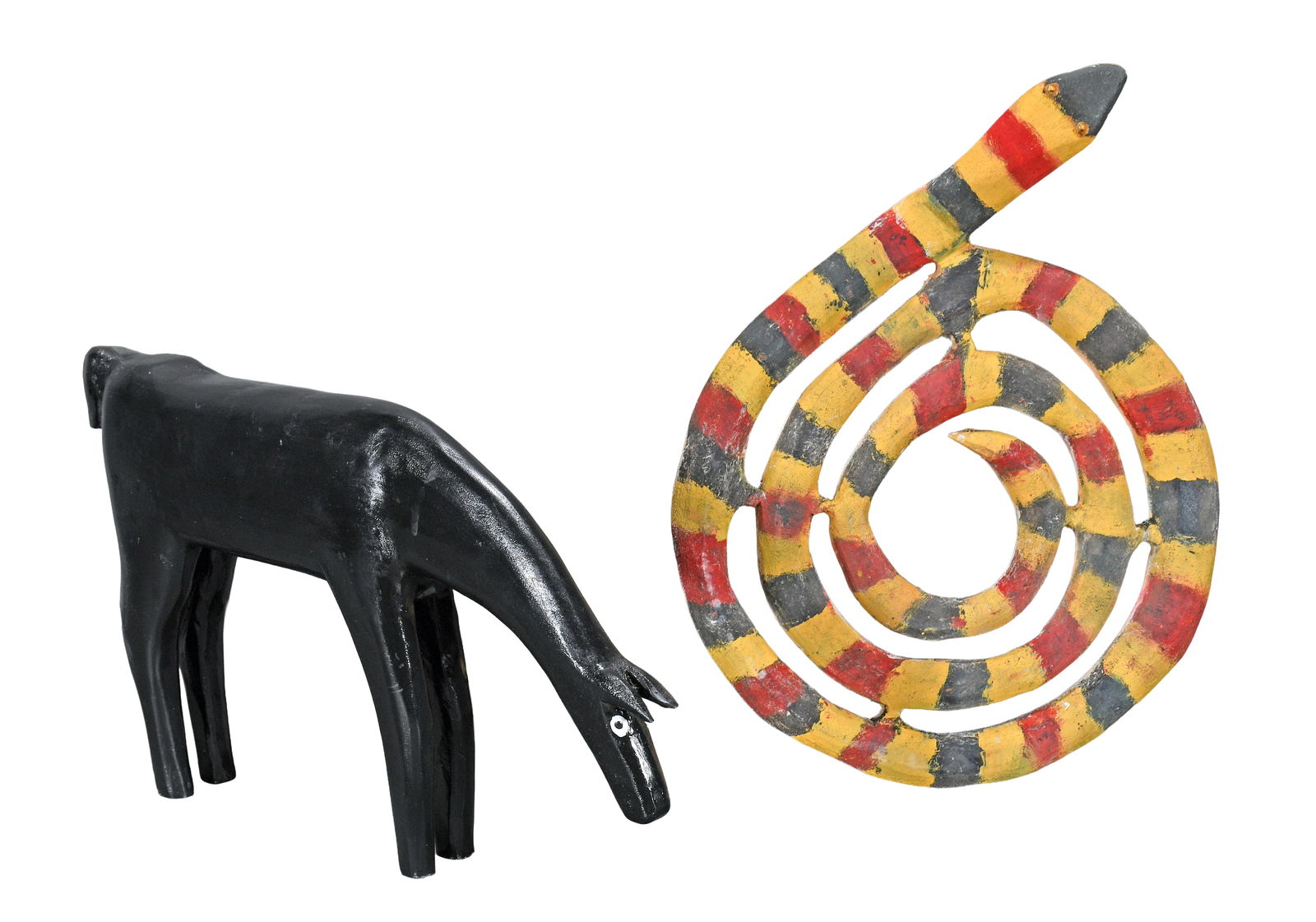 Minnie Adkins & H.A. Brown. Mini Horse & Coiled King Snake.: Minnie Adkins and H.A. Brown. Mini Black Horse and Coiled King Snake. Carved and painted wood. Horse has repaired tail, otherwise good condition. Snake is in excellent condition. Snake is 13" x 10".