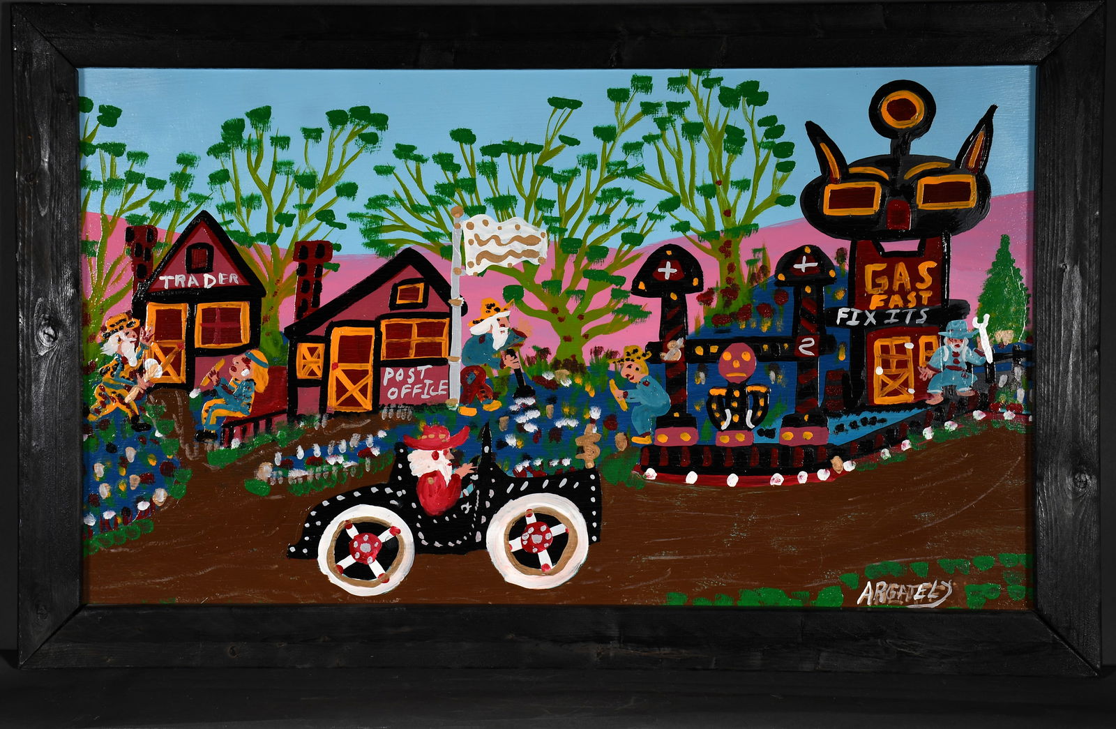 A.R. Gately. Drivin Through Town.: A.R. Gately. Drivin Through Town. Signed. Paint on board. Excellent condition. Size with frame is 43" w x 26" h. Est. $100-200. Ship: $250 Please Read Before You Bid: By registering for and/or